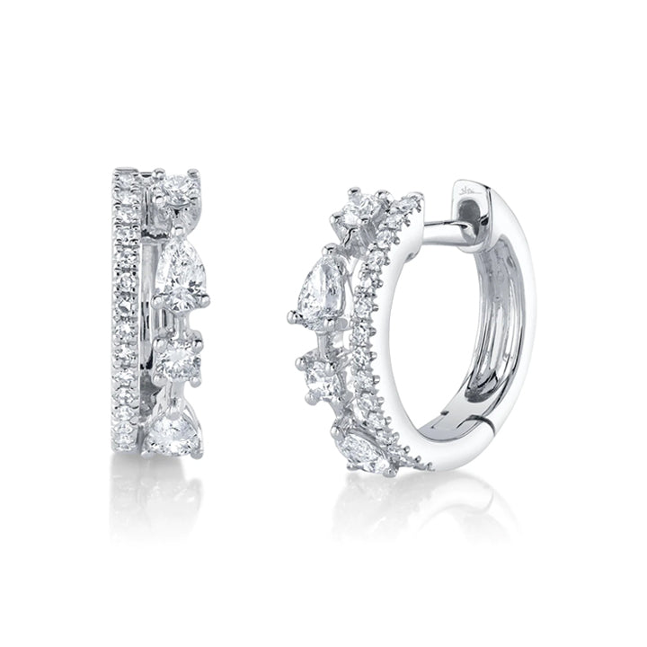 14K White Gold 2 Row Mixed Shape Diamond Huggie Earrings for Women | Dainty Everyday Hoop Earrings | Perfect for Work, Date Night & Special Occasions