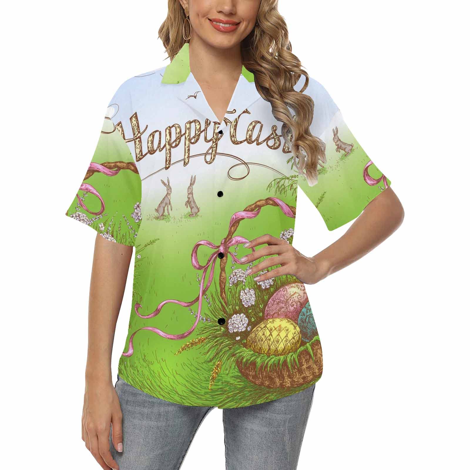 InterestPrint Doodle Easter Egg Women's Casual Short Sleeve Hawaiian Shirt - Summer Floral Print Beach Top for Women - Perfect for Vacation, Pool Party & Tropical Getaways