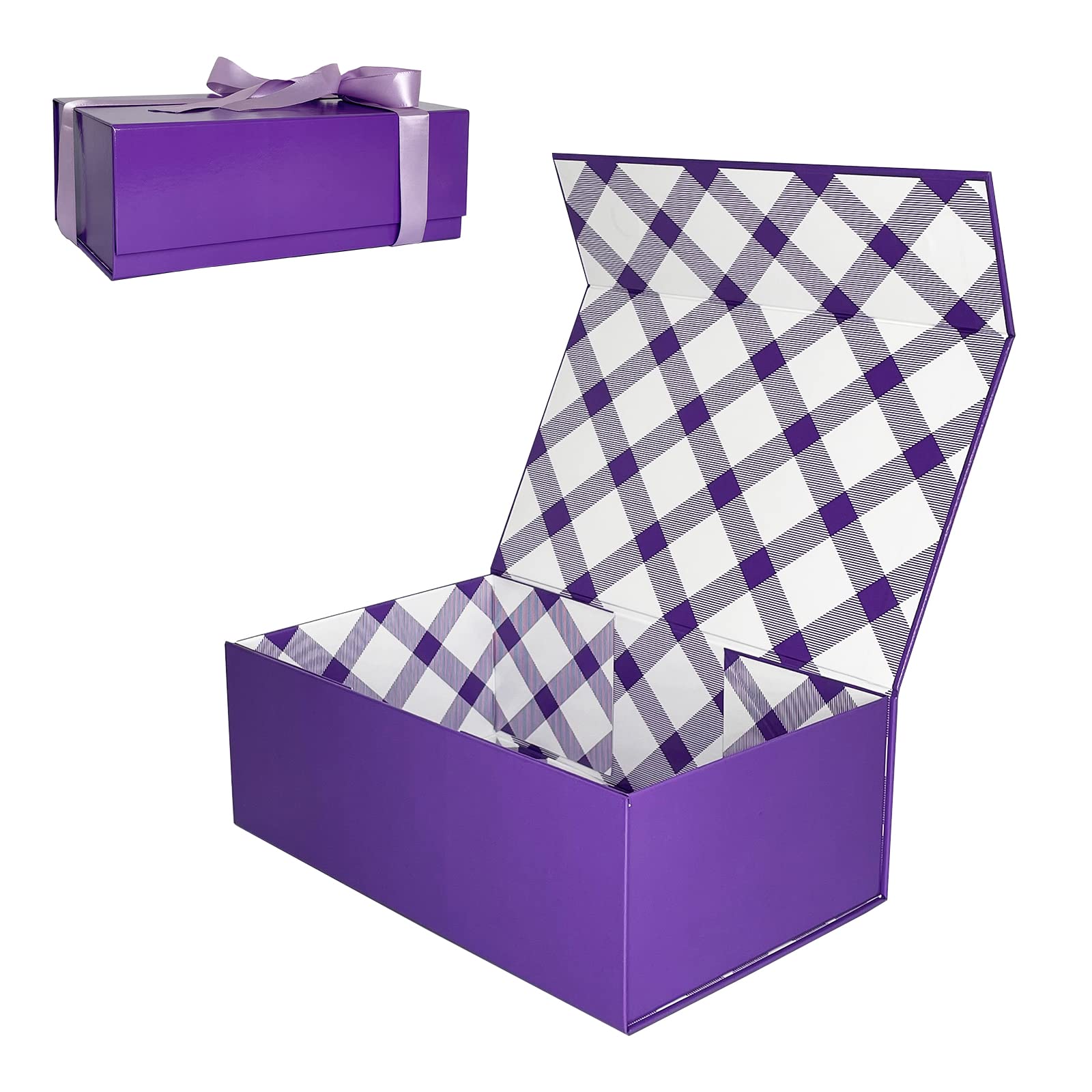 Luxury Purple Magnetic Gift Box with Lid & Ribbon - Premium Wedding, Bridesmaid Proposal, Birthday Present Packaging - Foldable Empty Box with Plaid Lining for Jewelry, Cosmetics & Special Occasions