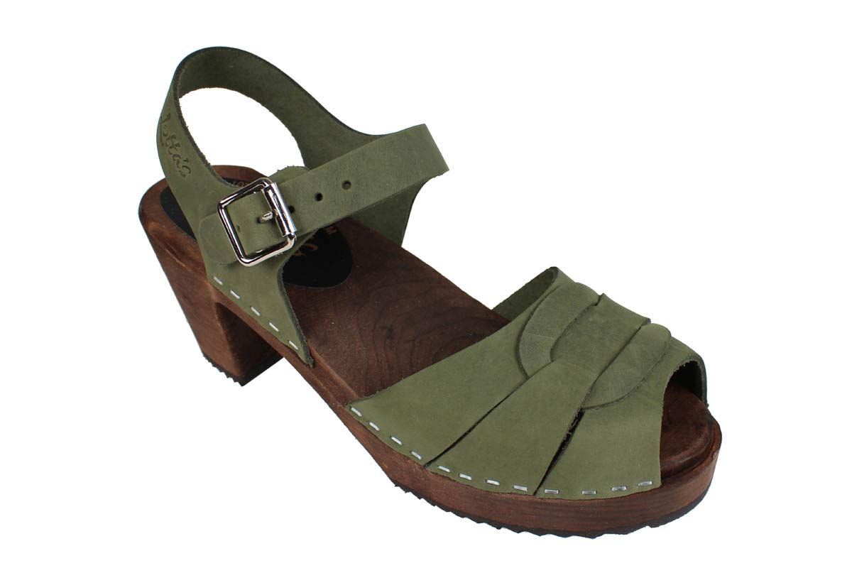 Lotta From Stockholm Swedish Peep Toe Clogs - Green Oiled Nubuck Leather with Brown Base | Comfortable & Stylish Women's Clogs for Casual Wear, Office & Summer Outfits