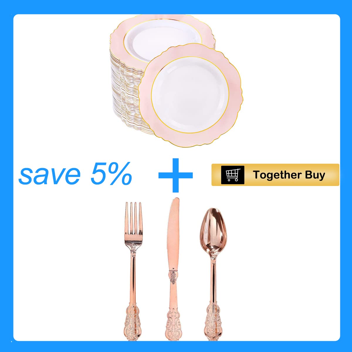 300-Piece Rose Gold Plastic Cutlery Set - 60 Pink Plastic Plates - Elegant Disposable Tableware for Parties, Weddings & Picnics
