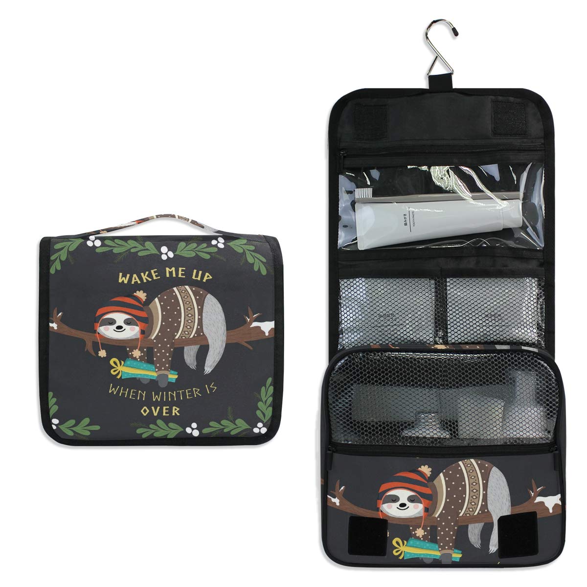 DOMIKING Hanging Travel Toiletry Bag - Waterproof Cosmetic Organizer with Baby Sloth Design, Portable Makeup Pouch for Women & Men - Perfect for Travel, Business Trips, Camping & Gym Use