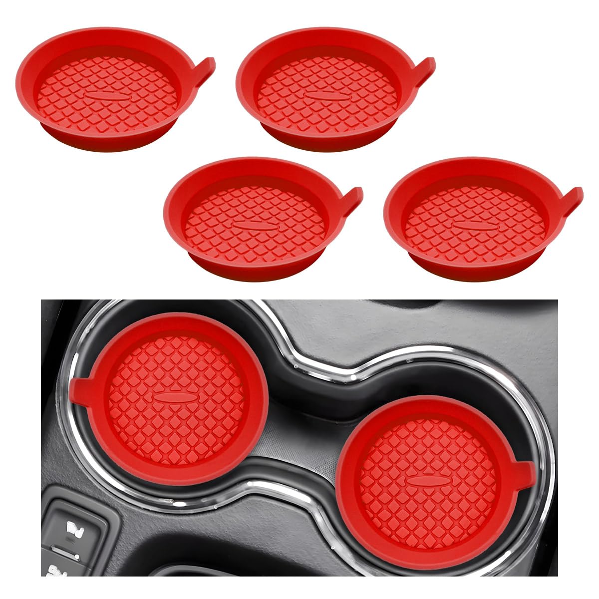 4 PCS Silicone Non-Slip Car Cup Coasters - 2.75 Inch Universal Auto Cup Holder Insert for Most Vehicles - Recessed Drink Cup Mat - Durable Interior Car Accessories (Red) - Perfect for Road Trips, Daily Commute & Preventing Spills