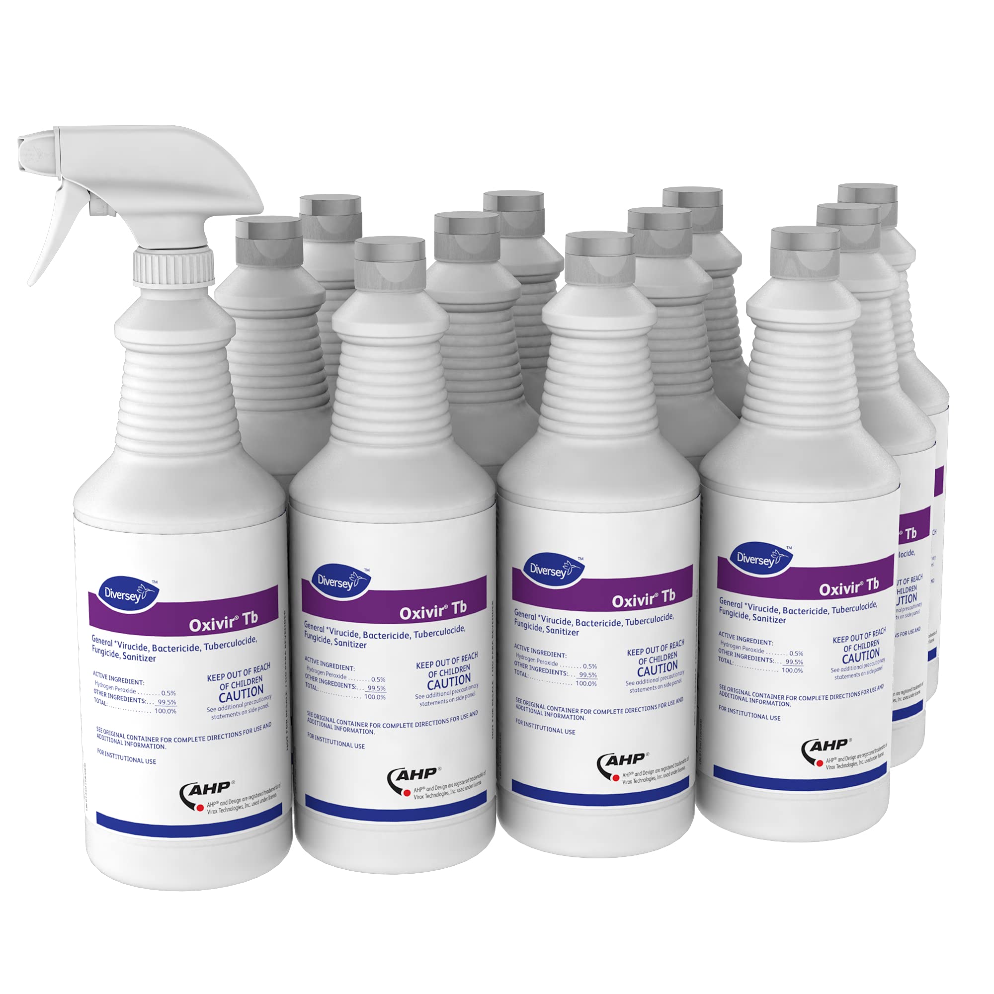 Oxivir Diversey 4277285 Tb Disinfectant Cleaner - Accelerated Hydrogen Peroxide Formula, Ready-to-Use 32oz Bottles (Pack of 12 with Caps + 1 Reusable Spray Nozzle) for Hospitals, Clinics & Home Disinfection