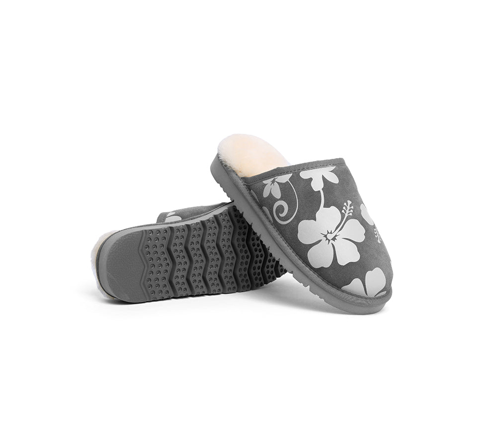 EVERAU® Women's UGG Slippers - Genuine Sheepskin Wool Lined, Grey Floral Print Suede Cruz Style, Size EU39 (US Women's 8) - Cozy House Shoes for Winter Comfort & Relaxation at Home