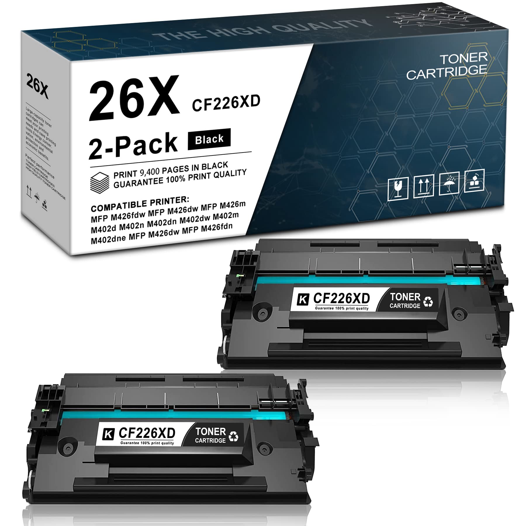 2 Pack Black CF226XD Toner Cartridge Replacement for HP 26X Pro M402d/M402n/M402dw/M402dne/M426dw/M426m/M427dw & M402-M403 Series Printers - High Yield Printing for Office Documents, Reports, and Business Materials