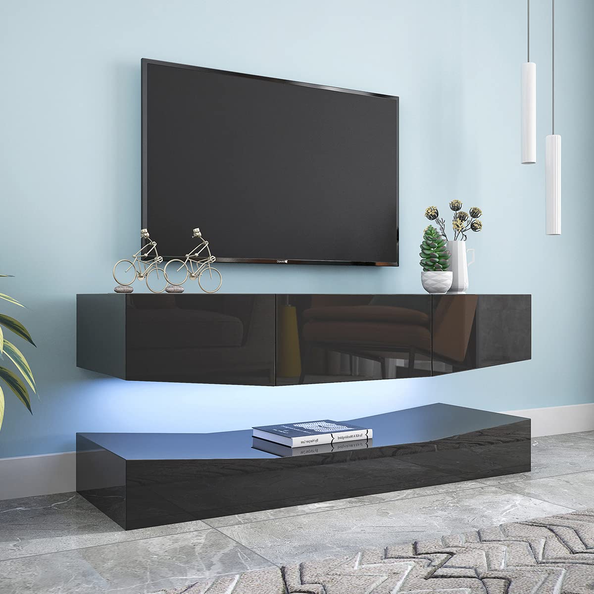 55 Inch Floating TV Stand with LED Lights & 3 Drawers - Modern High Gloss Wall Mounted Entertainment Center - Space Saving TV Media Console for Living Room & Bedroom - Perfect for Movie Nights & Home Theater Setup (Black)