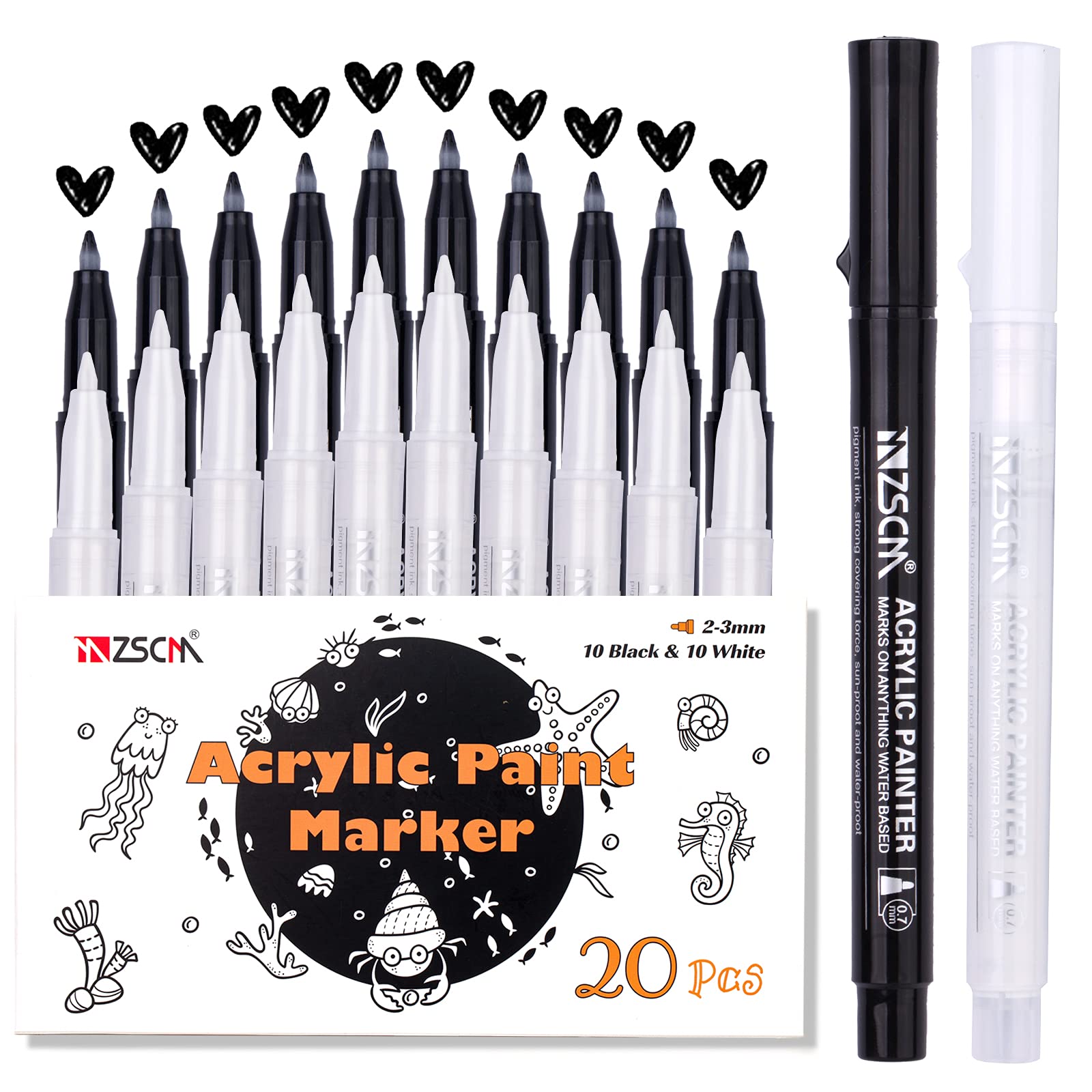 20 Pack Acrylic Paint Markers Set - 10 White & 10 Black Extra Fine Tip Paint Pens for Rock Painting, Wood, Plastic, Ceramic, Glass, Metal & Canvas - Perfect for DIY Crafts, Home Decor & Art Projects (Kids & Adults)