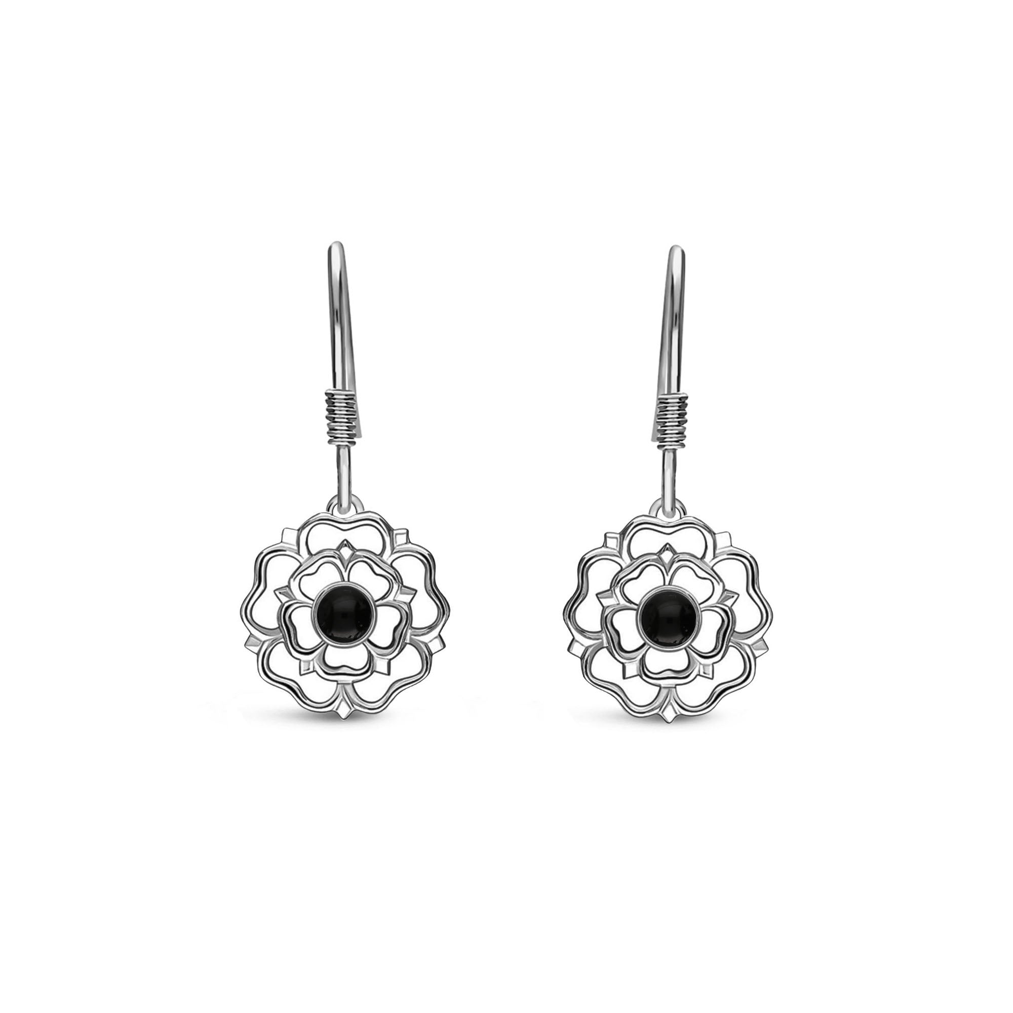 Sterling Silver Whitby Jet Yorkshire Rose Drop Earrings – Elegant Dangle Earrings for Women – Perfect for Weddings, Parties & Special Occasions