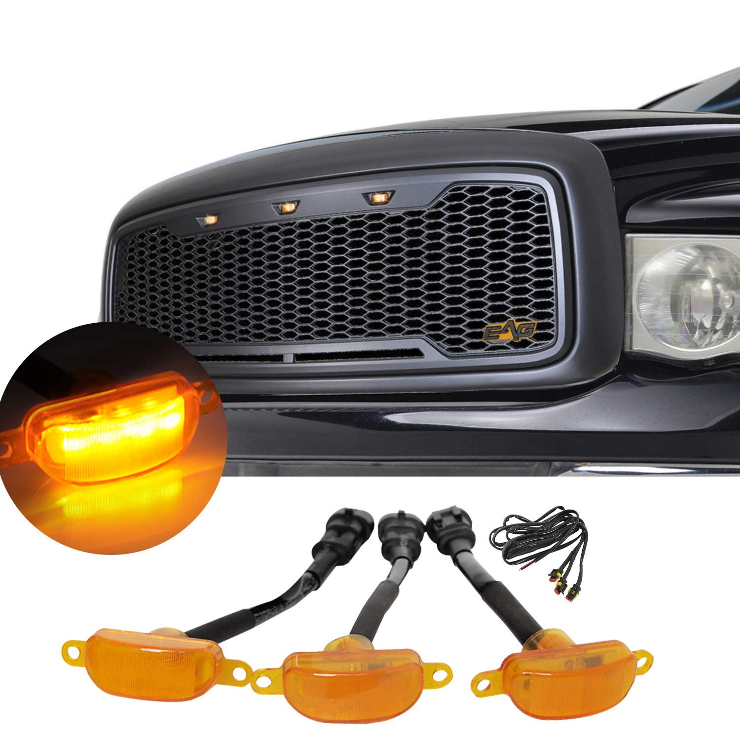 EAG Replacement ABS Upper Grille with Amber LED Lights - Charcoal Gray - Fits 2002-2005 Ram 1500/2500/3500 - Durable Front Grille Upgrade for Off-Road & Truck Customization