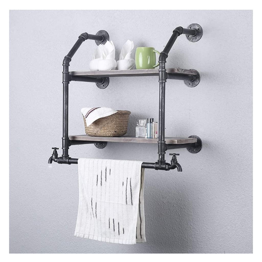 Industrial Pipe Floating Shelves with Towel Rack - Rustic Wood Wall Shelves for Bathroom, 2-Tier Pipe Shelf - Perfect for Farmhouse, Industrial & Modern Home Decor - Great for Bathroom Storage, Living Room, Bedroom & Kitchen Organization