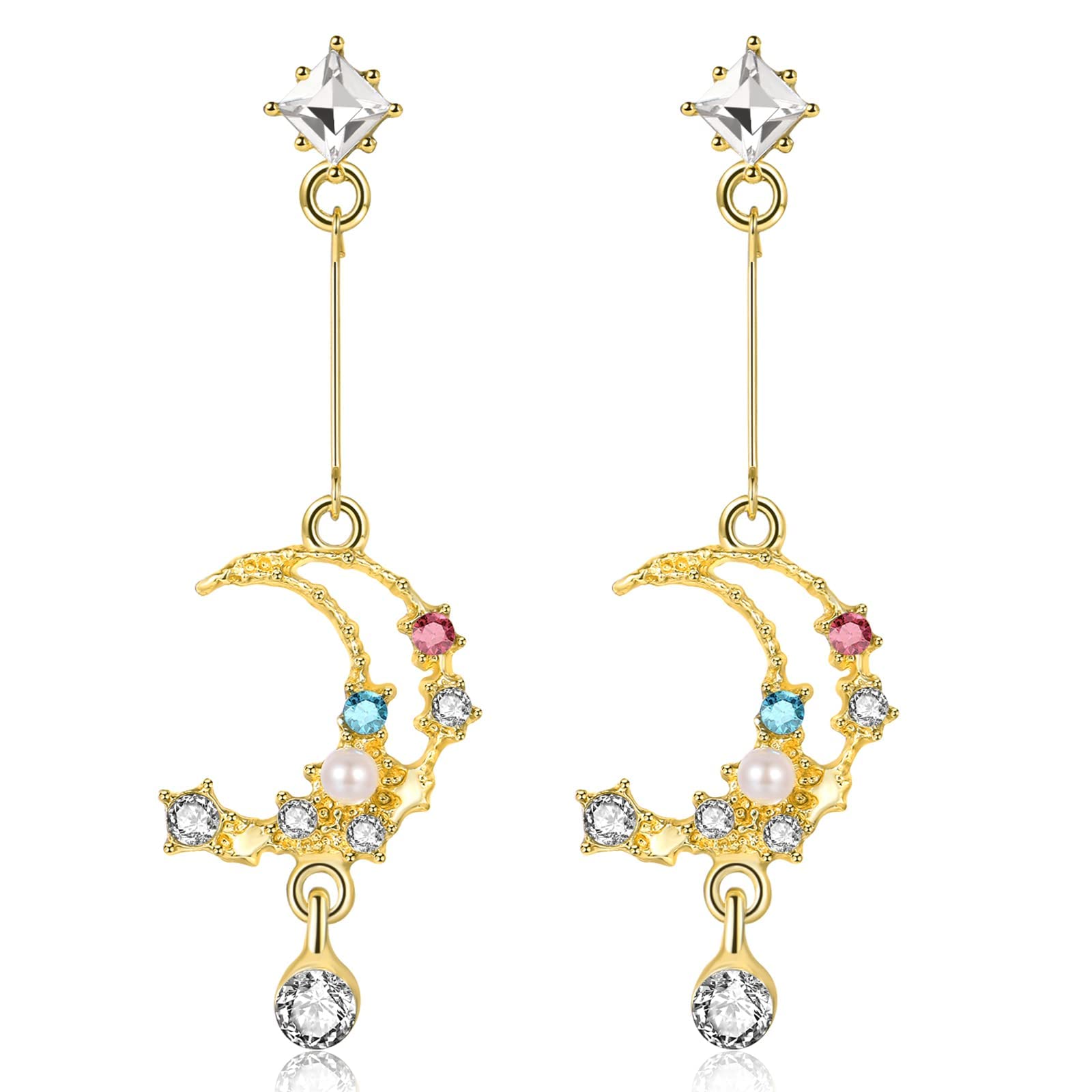 Crescent Moon Star Dangle Earrings for Women - Gold Crystal Drop Earrings with Colorful Stars | Perfect for Parties, Date Nights & Boho Fashion