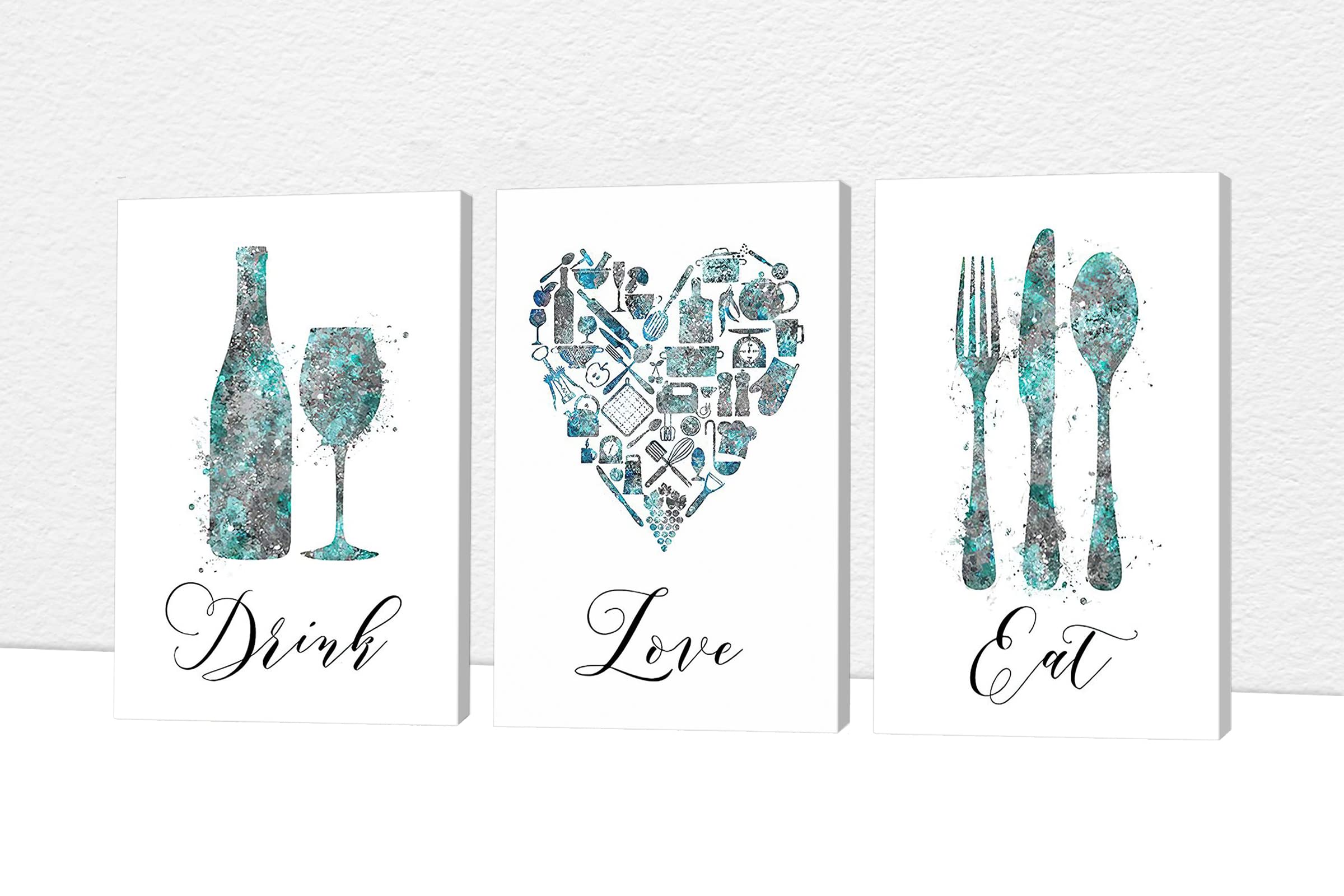 Modern 3-Piece Kitchen Wall Art Set - 'DRINK EAT LOVE' Framed Canvas Prints for Dining Room & Blue Kitchen Decor (24x36 Inches, Ready to Hang) - Perfect for Farmhouse, Rustic & Contemporary Home Decor