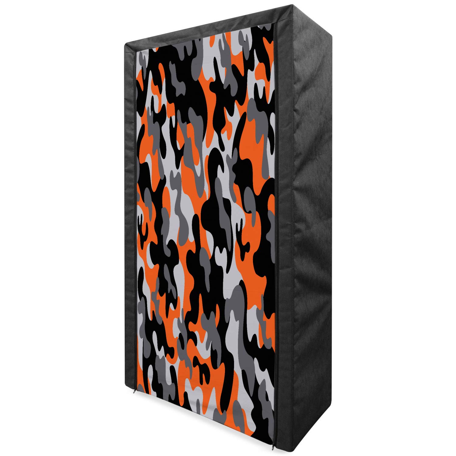Ambesonne Camo Portable Fabric Wardrobe - Vibrant Camouflage Print Clothing Organizer with Shelves, 33.5 Inch Storage Closet for Bedroom, Closet, Dorm & Travel - Orange Grey Black Modern Design