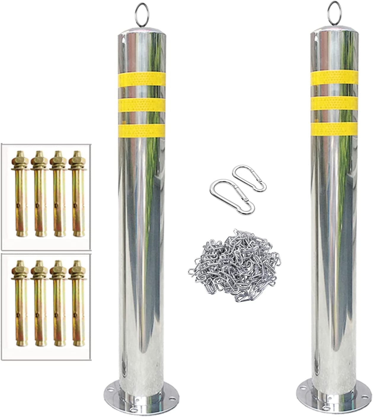 Stainless Steel Parking Post with Reflective Tape - 76x650mm Anti-Collision Barrier Pole with Hanging Rings for Parking Lots, Warehouses & Driveways | Durable Road Safety Bollard for Vehicle Protection