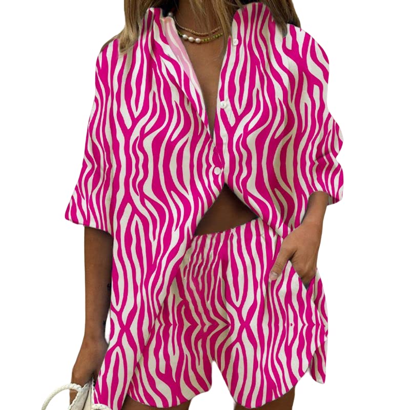 Women's Floral Print Two-Piece Shorts Outfit Set - Summer Lounge Half Sleeve Sweatsuit with Button-Down Shirt | Casual Wear, Beach Cover-Up, Vacation Outfit, Street Style Fashion