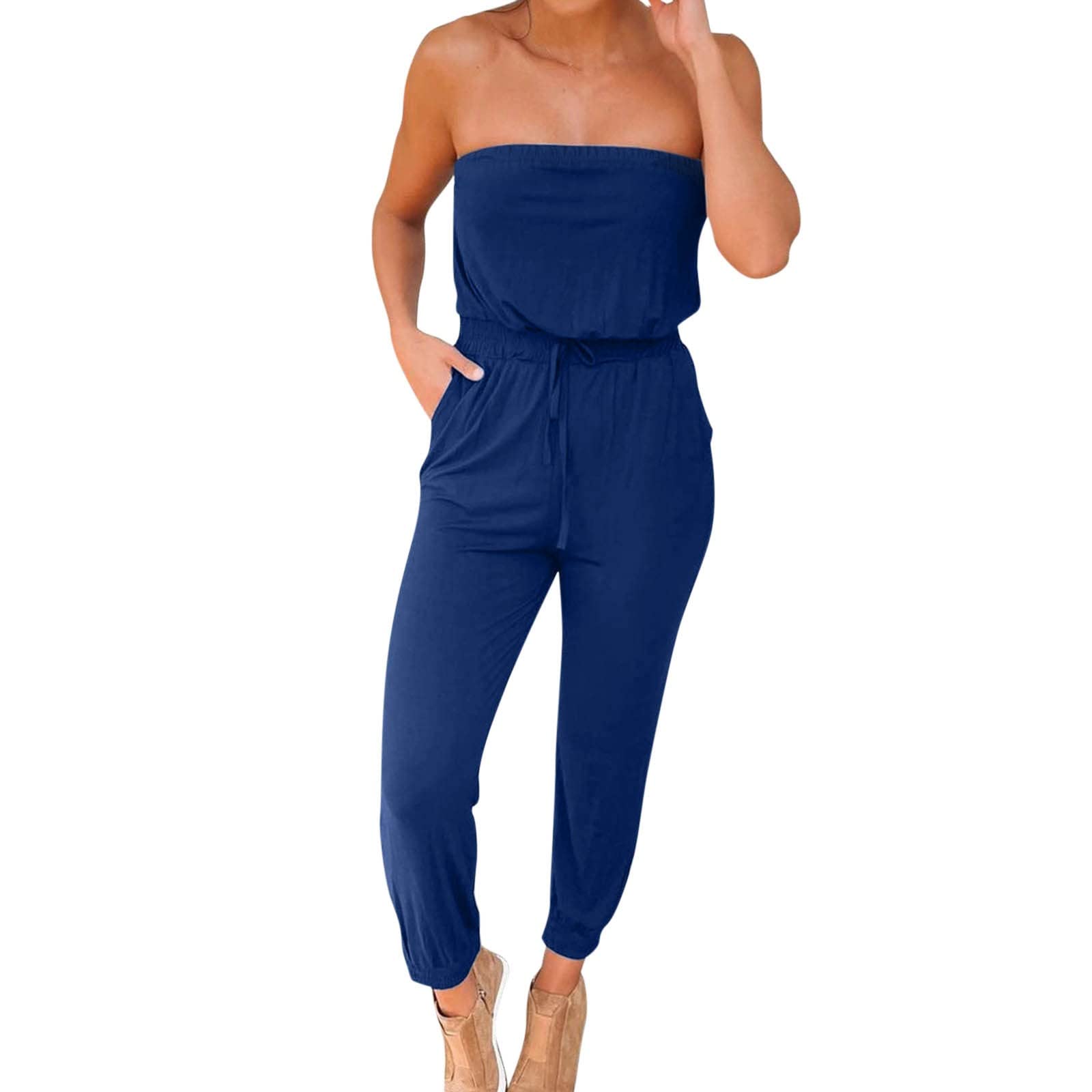 Women's Strapless Jumpsuit - Casual Loose Fit Off Shoulder One Piece Romper for Summer Beach Party, Vacation & Night Out
