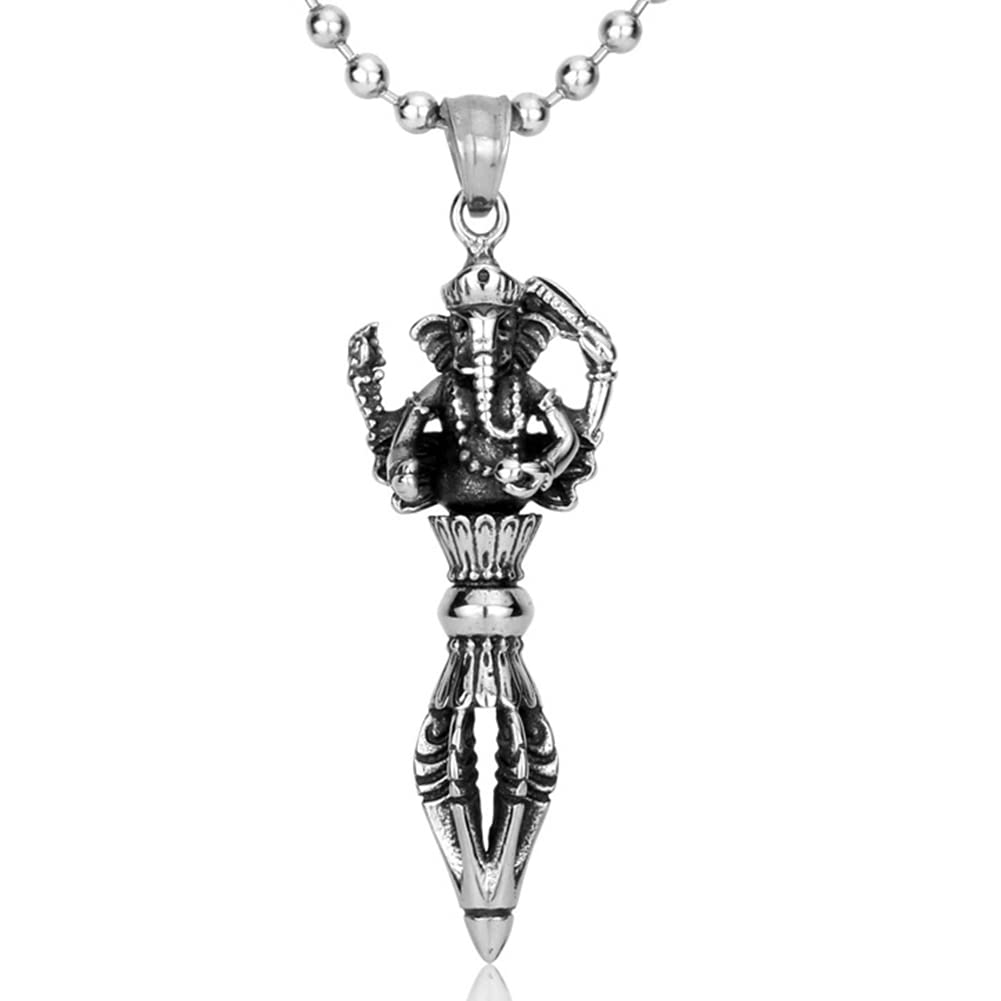 Gothic Stainless Steel Elephant God Vajra Pendant Necklace for Men & Women - Lucky Amulet Jewelry with 24 Inch Round Box Chain - Perfect for Halloween, Spiritual Protection & Unique Fashion Statement