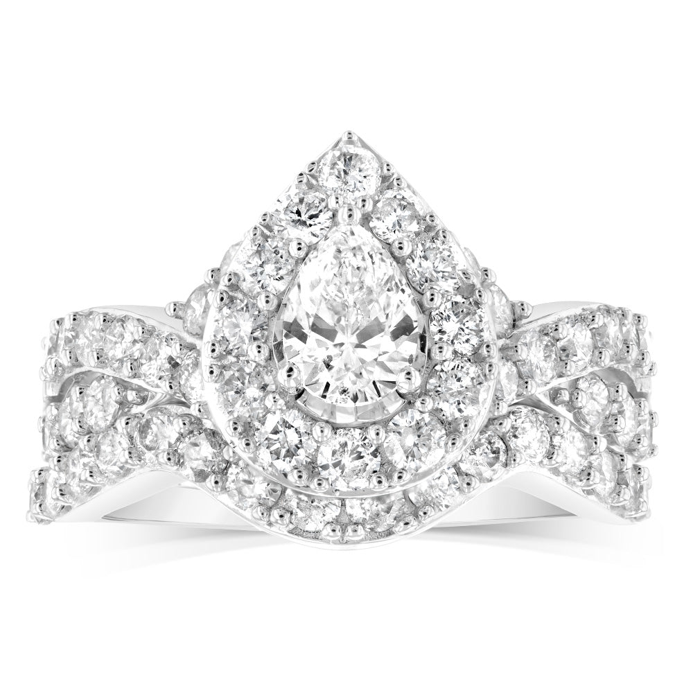 14K White Gold 1.95 Carat Diamond Wedding Ring Set with Pear Center Stone & Brilliant Cut Halo - Perfect for Engagement, Bridal Jewelry & Anniversary Gifts