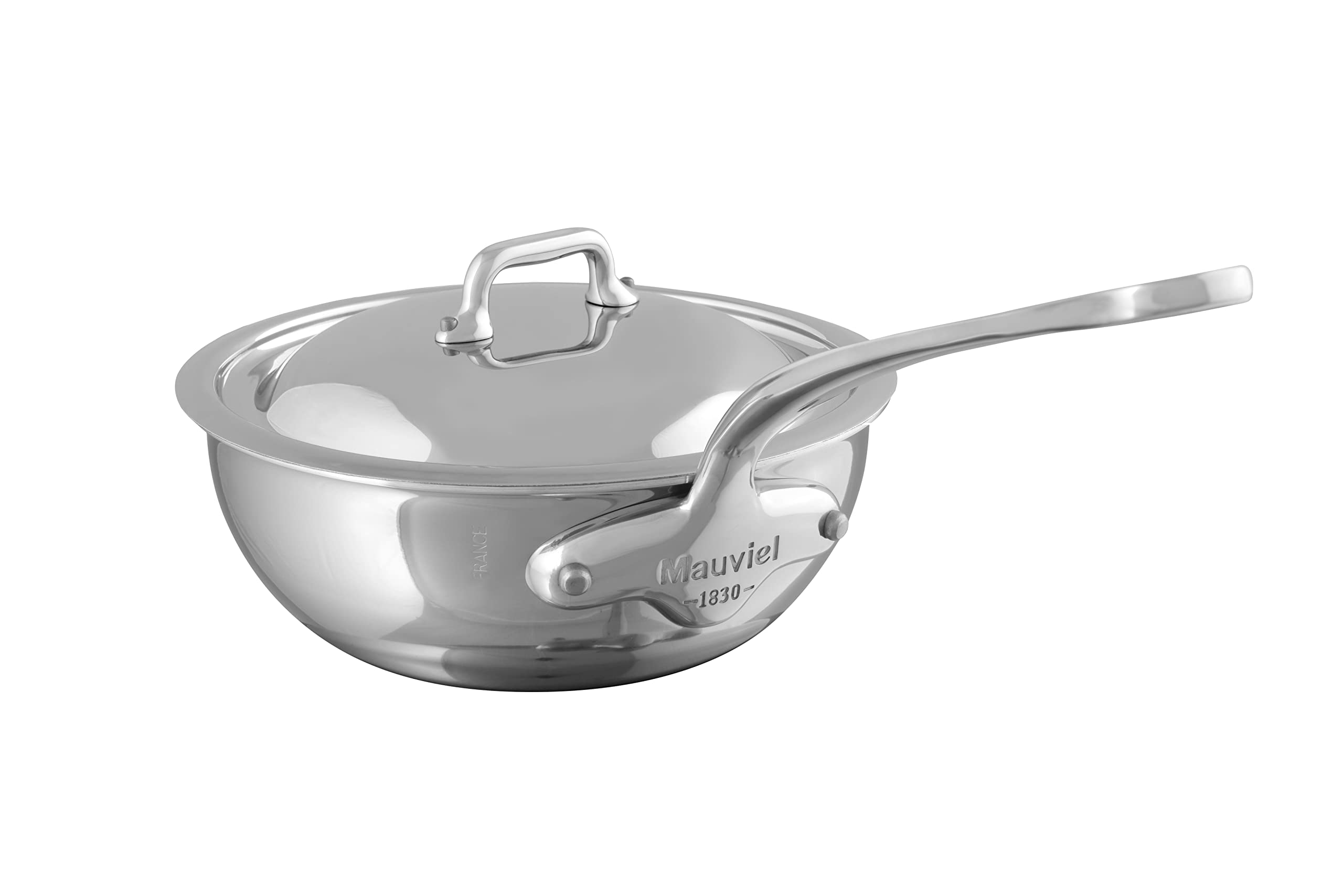 Premium Mauviel M'Cook 5-Ply Stainless Steel Curved Sauté Pan with Lid - 3.4 Quart French-Made Cookware with Cast Handle for Professional Cooking & Home Kitchen Use