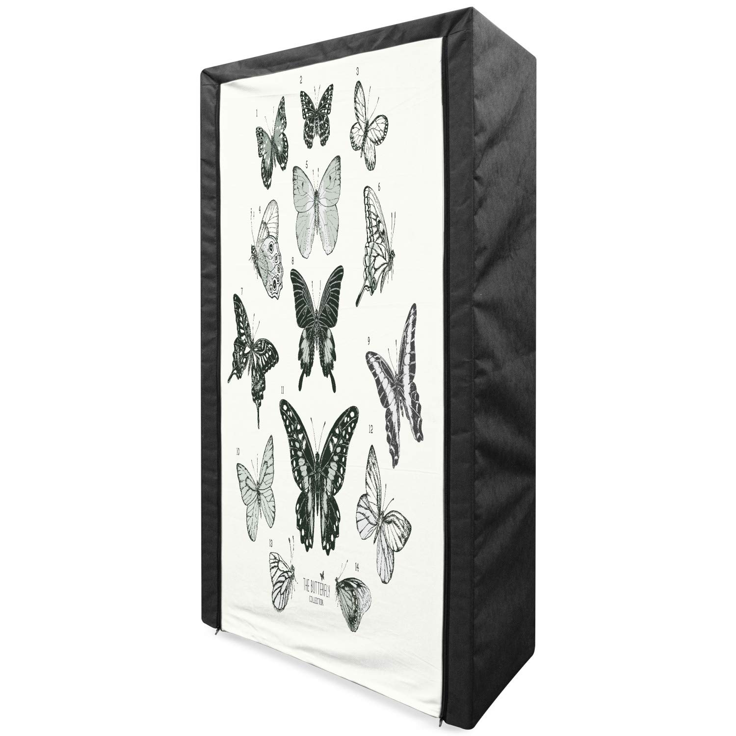 Ambesonne Butterfly Portable Fabric Wardrobe - Hand Drawn Butterfly Design Clothing Organizer with Shelves, 33.5 Inch, Black Grey & White - Perfect for Bedroom Closet Storage, Dorm Room Organization & Seasonal Clothing Rotation