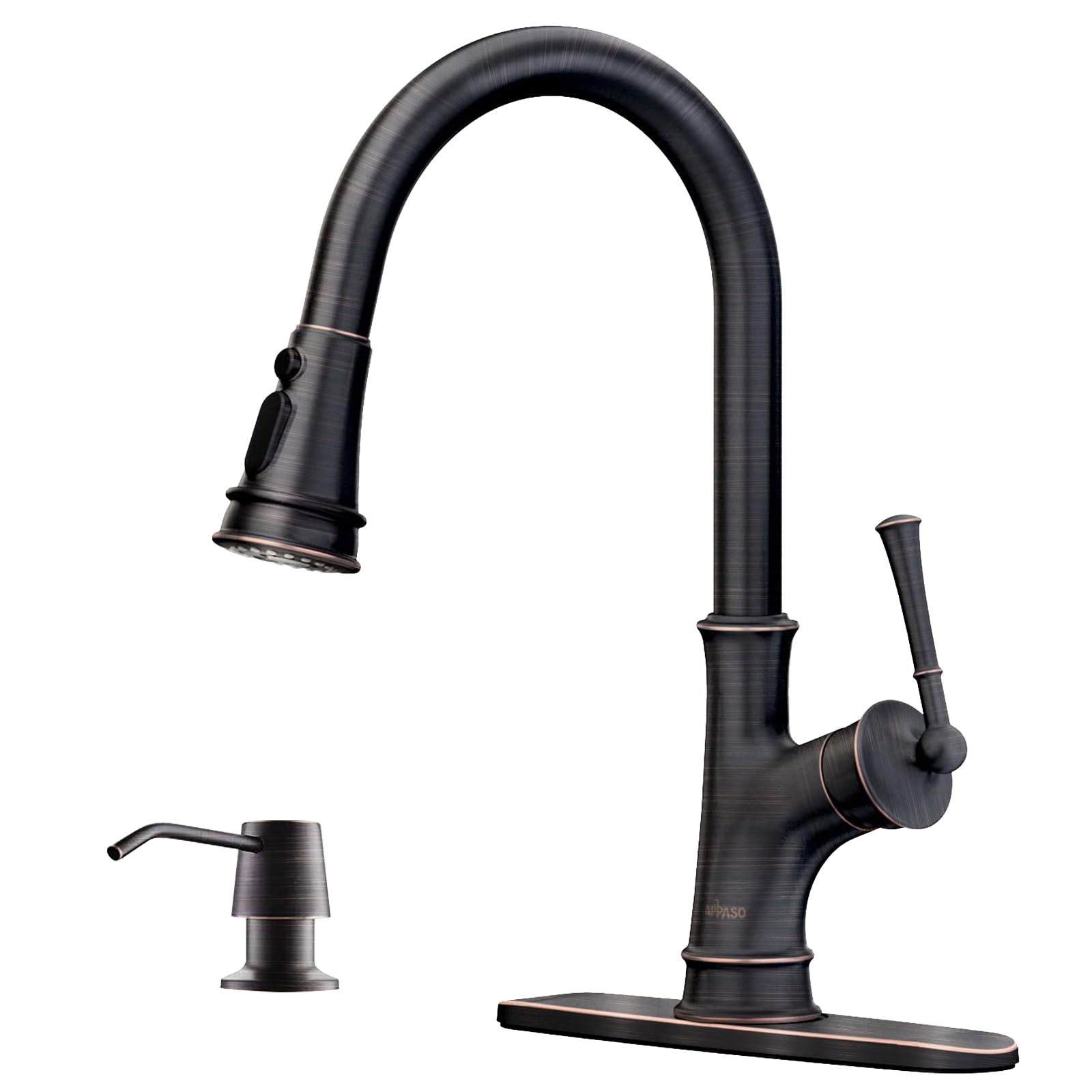 APPASO Brzone Oil Rubbed Bronze Kitchen Faucet with Soap Dispenser - Single Handle High Arc Brass Sink Faucet for Modern Kitchens | Perfect for Cooking, Washing Dishes & Food Prep