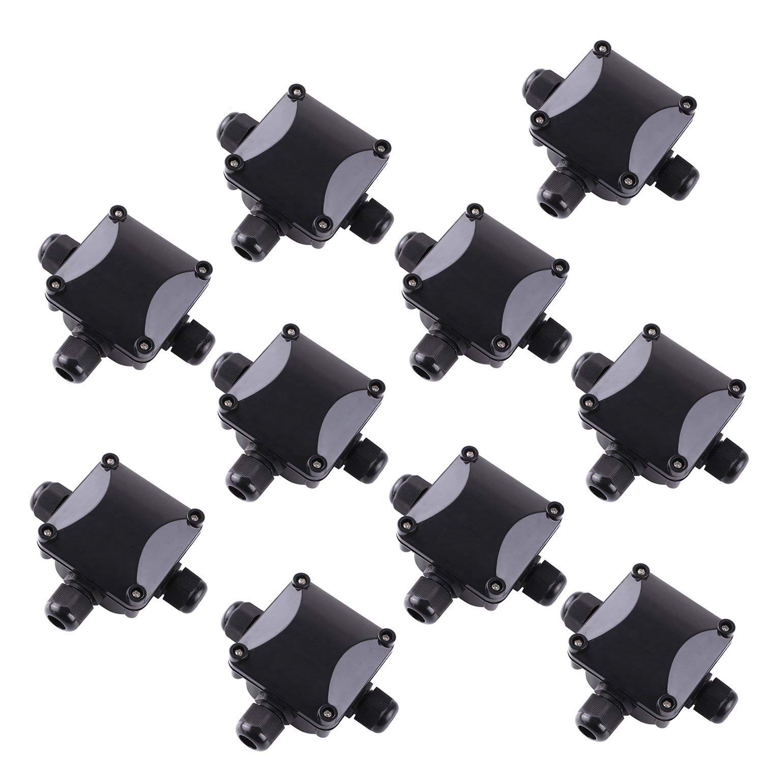 3-Way Waterproof Junction Box IP68 - Outdoor Electrical Connector for Landscape Lighting, Garden Lights, and Security Systems - Pack of 10 Black Weatherproof Enclosures