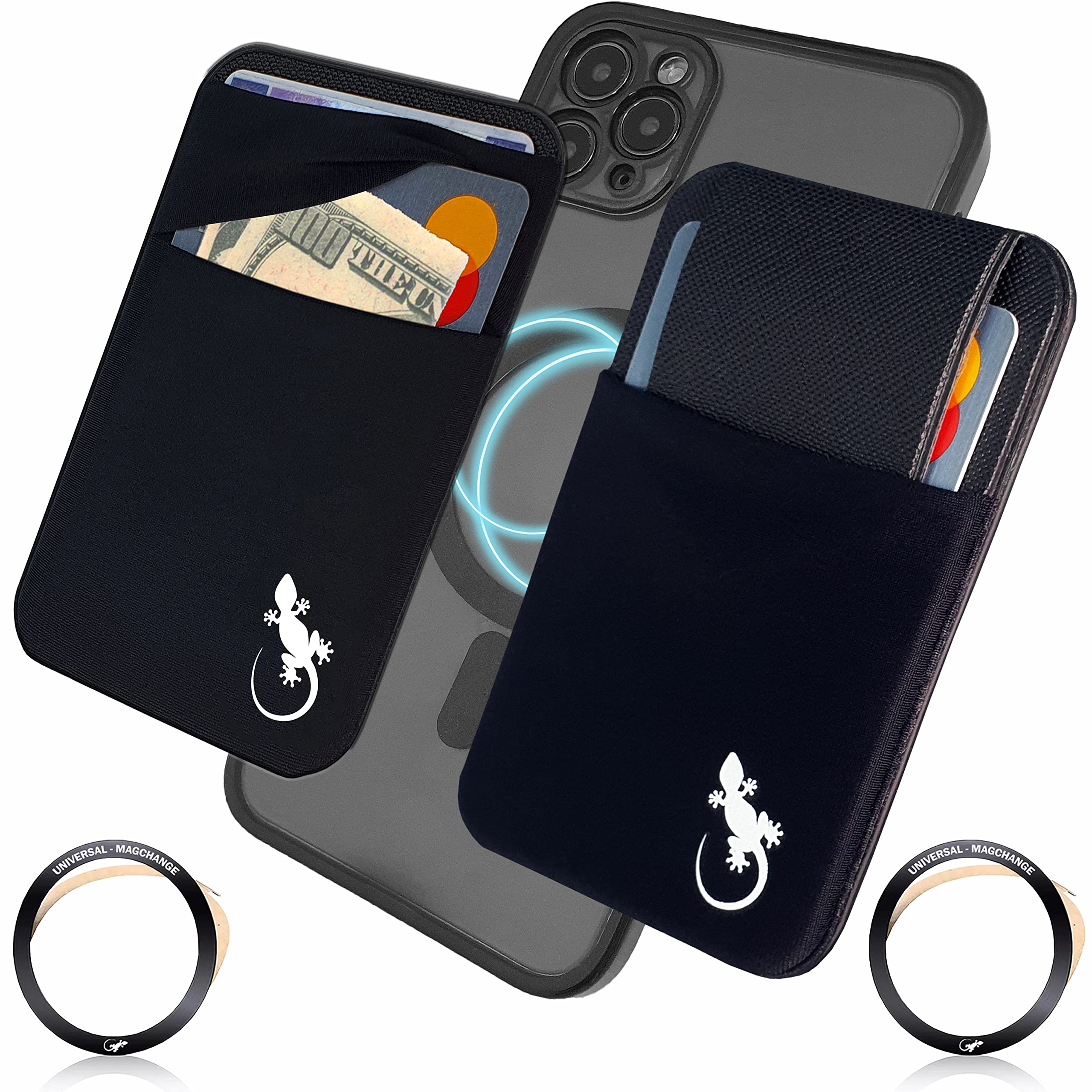 Gecko Magnetic Wallet Universal Magsafe for iPhone 12 13 14 Pro Max Mini & Android Phones - Slim Double Card Holder with Strong Adhesive Magnetic Ring - Perfect for Daily Use, Travel & Hands-Free Convenience (2 Pack with Strap)