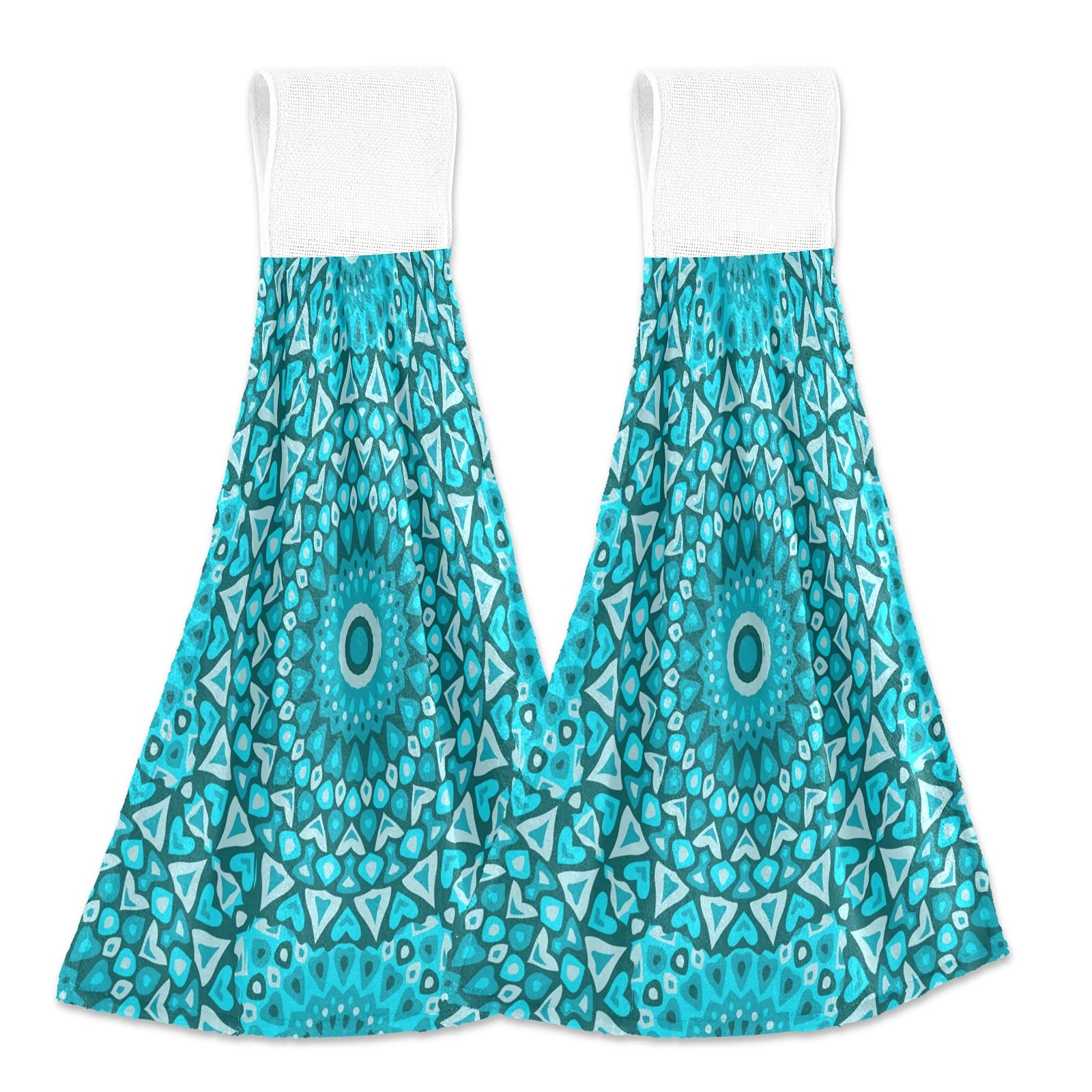 Premium Absorbent Kitchen Towels Set of 2 - Teal Blue Geometric Mandala Dish Towels with Hanging Loop for Drying Dishes & Hands | Perfect for Modern Kitchens & Gift Giving