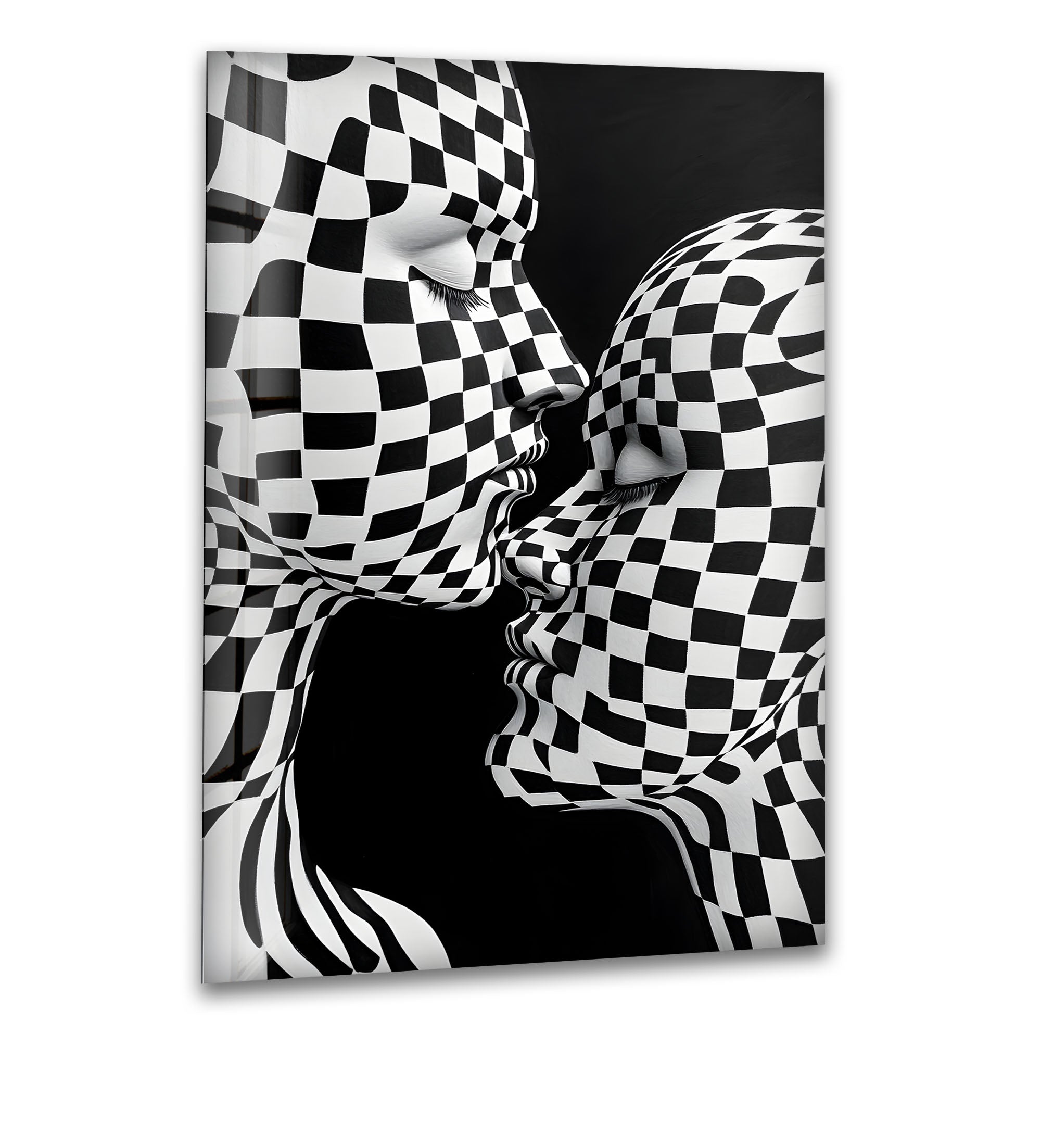 Black and White Kiss Wall Art - Modern Checkered Glass Decor for Living Room, Bedroom & Office - Perfect for Home & Office Décor