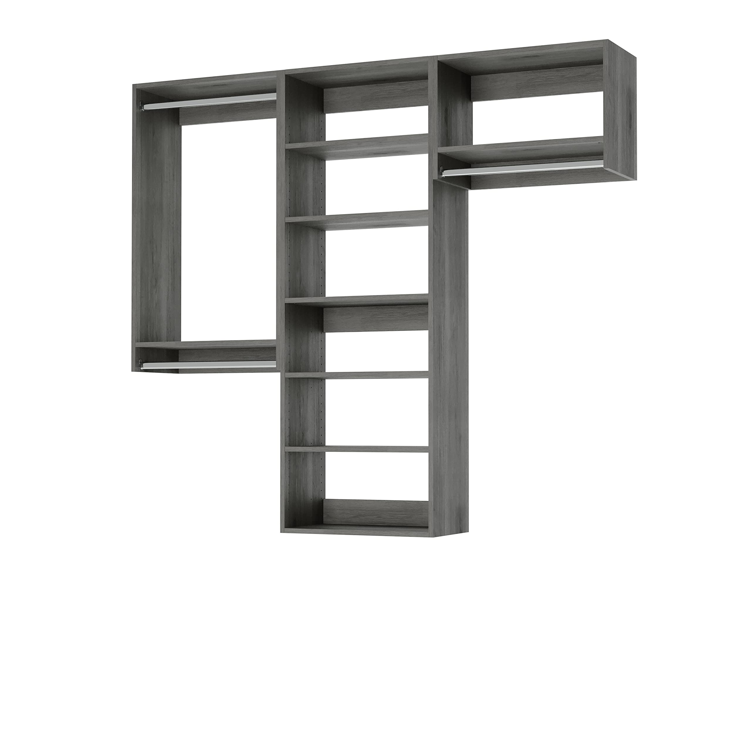 Space-Saving Grey Closet Organizer Kit with Hanging Rods & Adjustable Shelves - 69