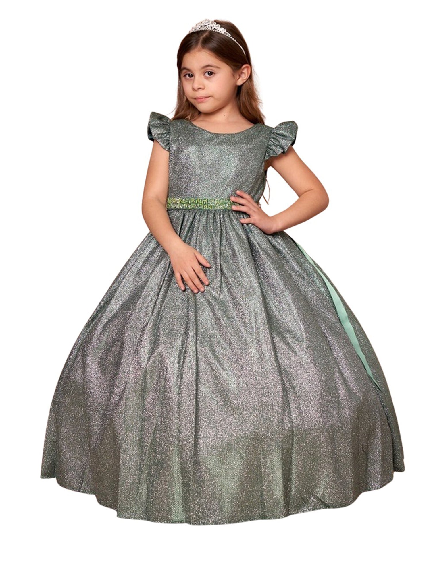 Emerald Green Metallic Flutter Sleeve Bridesmaid Dress for Juniors - Sizes 8-16 | Perfect for Weddings, Prom, and Formal Events