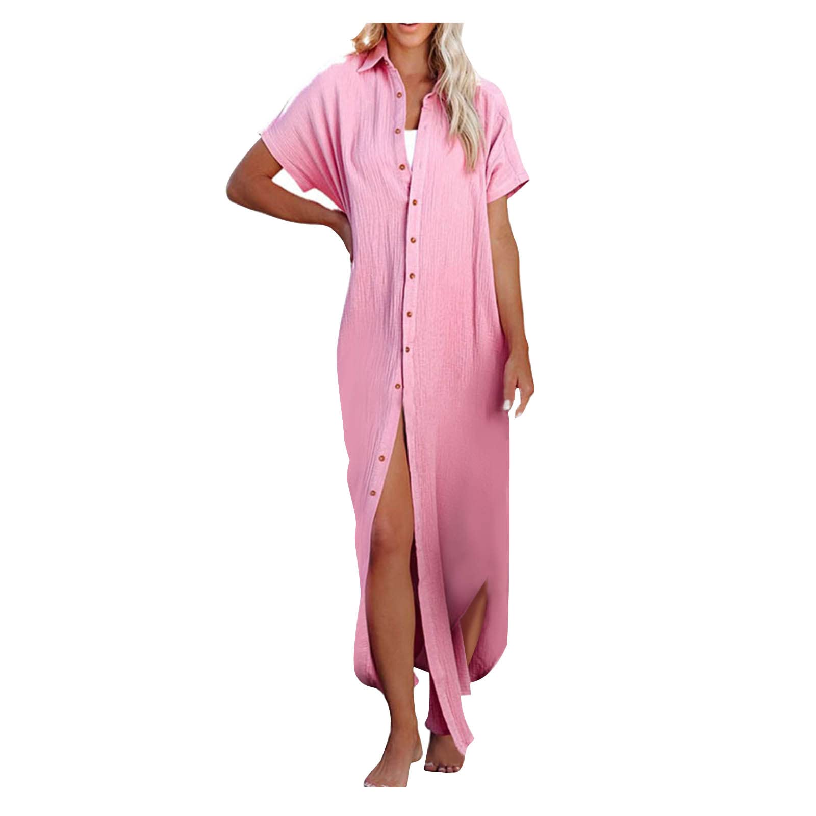 YZHM Women's Summer Button Down Maxi Dress - Short Sleeve Lapel Solid Long Dress for Beach Cover Up, Casual Loose Blouse | Perfect for Vacation, Poolside, and Summer Outings