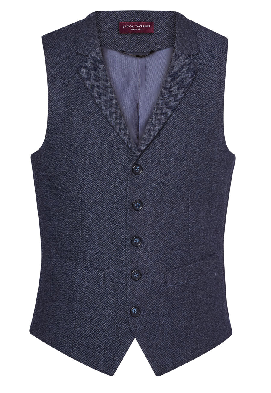 Brook Taverner Memphis Tweed Waistcoat for Men - Navy Herringbone Pattern, Slim Fit Formal Vest - Perfect for Weddings, Business Meetings & Smart Casual Outfits