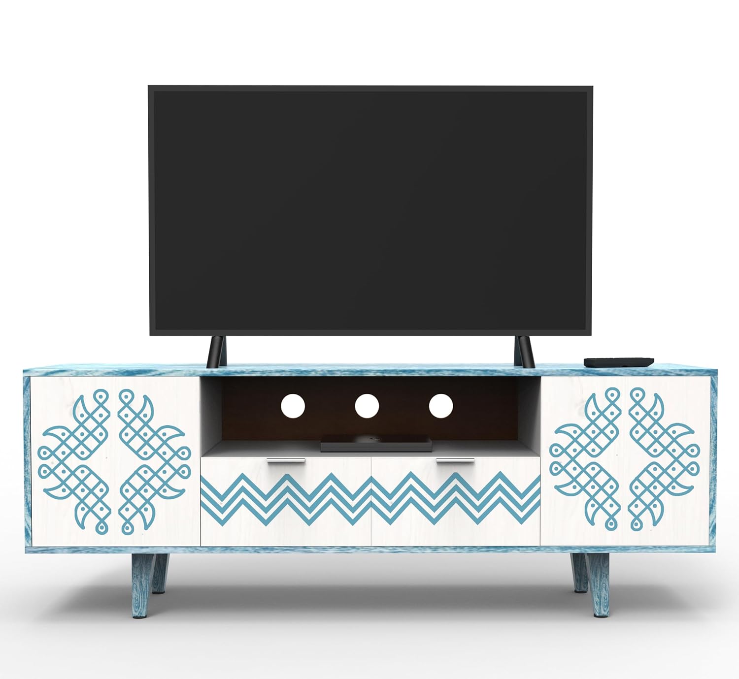 Corsica Verve Mango Wood TV Stand Console Table with Storage - Textured White and Blue Finish - Modern Living Room Furniture for TV Entertainment Center & Media Storage