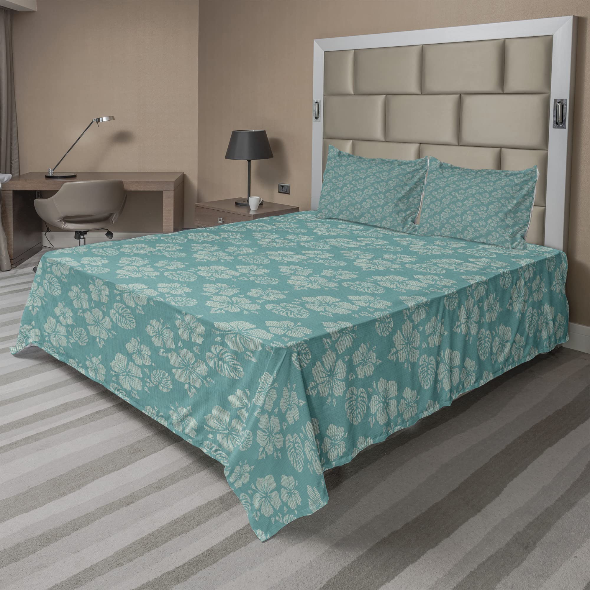 Lunarable Floral Sheet Set - Hawaiian Tropical Hibiscus Print 4-Piece Bedding (King Size, Seafoam Almond Green) | Soft Fitted & Flat Sheets with Pillowcases | Perfect for Beach House, Boho Bedroom or Tropical Vacation Decor