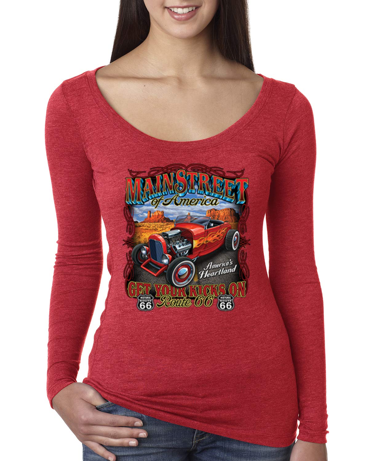 Vintage Route 66 Hot Rod Cars & Trucks Women's Scoop Neck Long Sleeve T-Shirt - Retro Road Trip & Classic Car Enthusiast Fashion