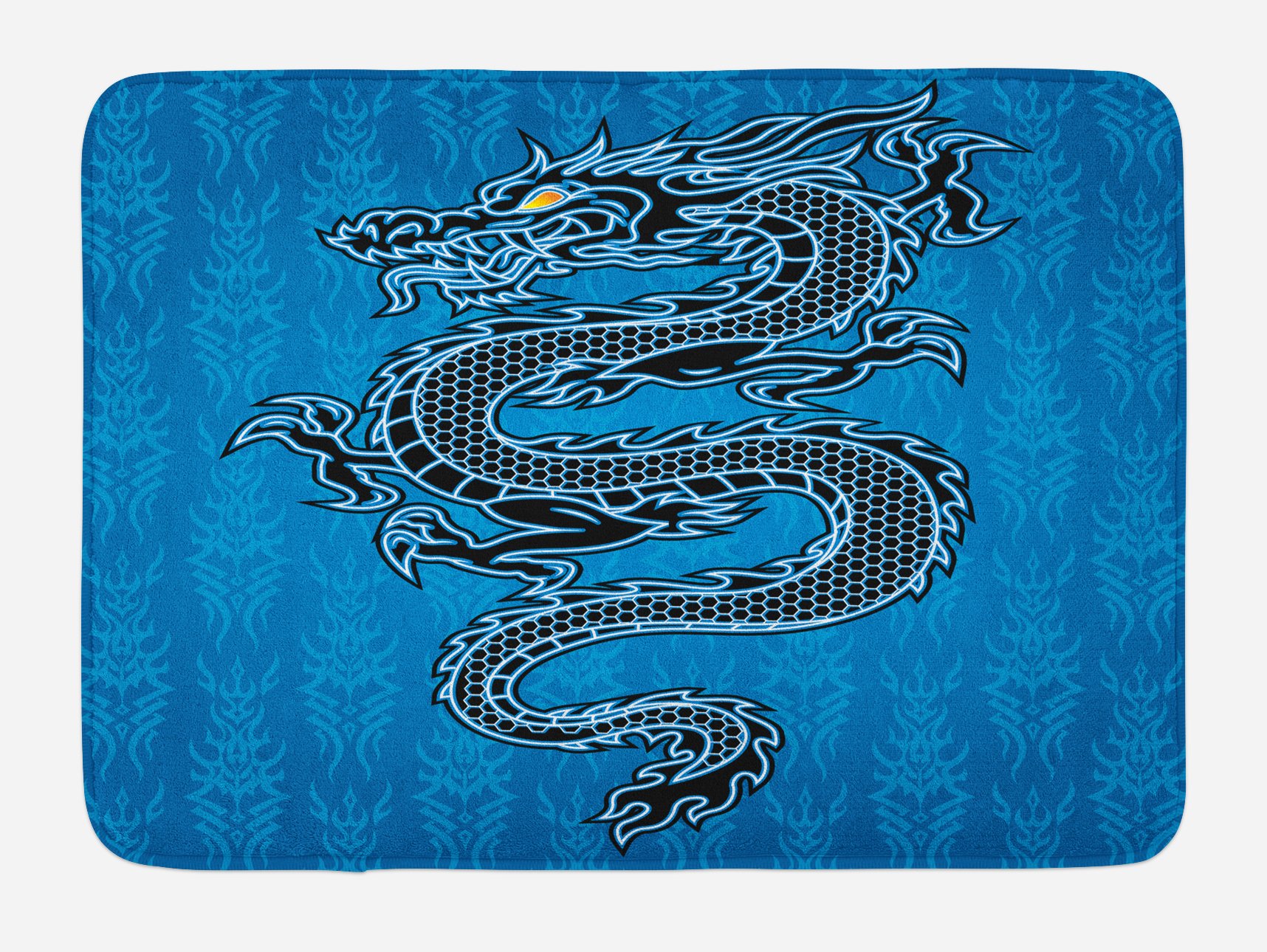 Ambesonne Japanese Dragon Bath Mat - Non-Slip Plush Bathroom Rug with Black Dragon on Blue Tribal Design, 30.2