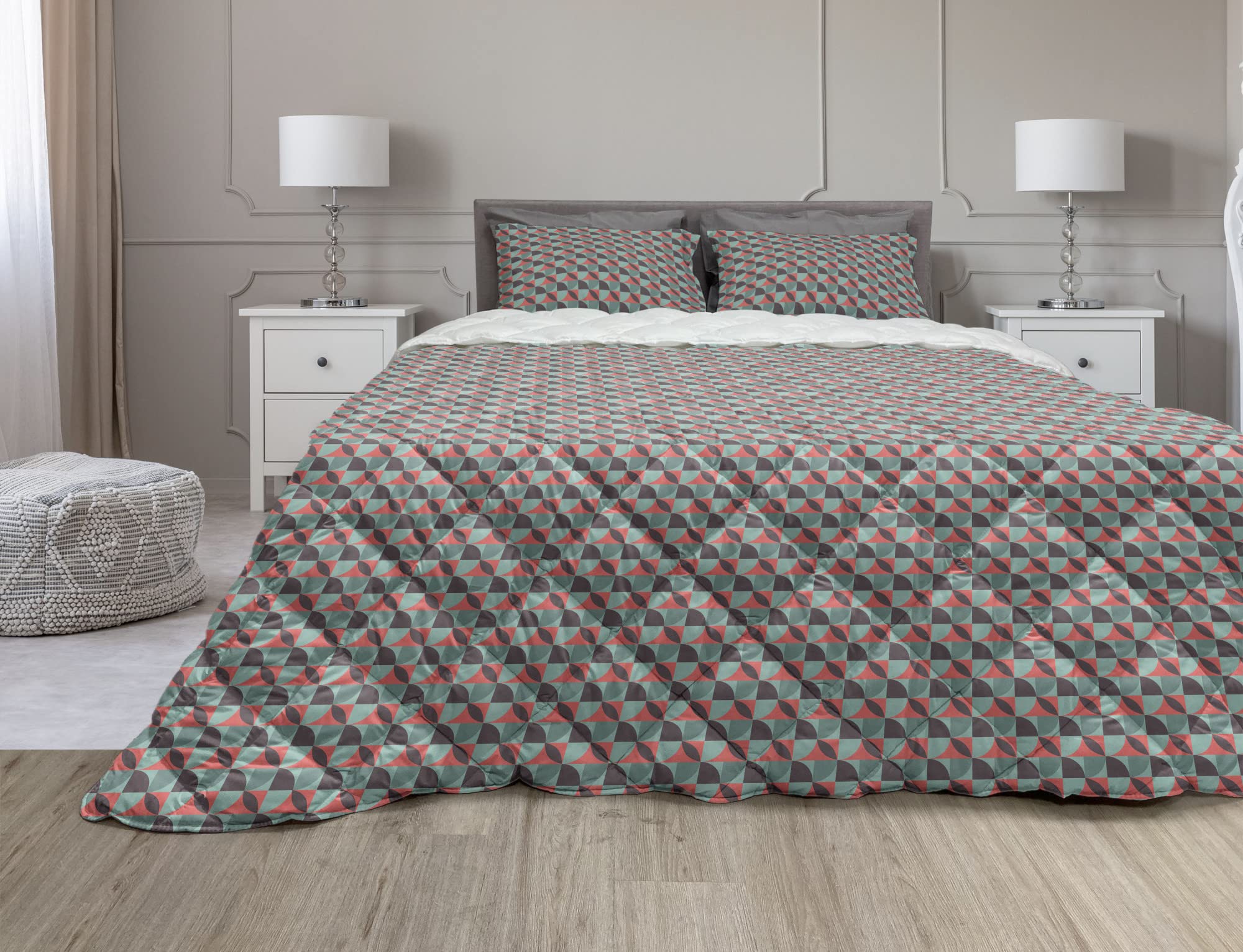 Ambesonne Abstract Comforter Set - Geometric Half Circle & Retro Square Duvet Cover with Microfiber Filling, Twin XL Size in Cadet Blue & Dark Coral | Perfect for Modern Bedrooms, Guest Rooms & College Dorms