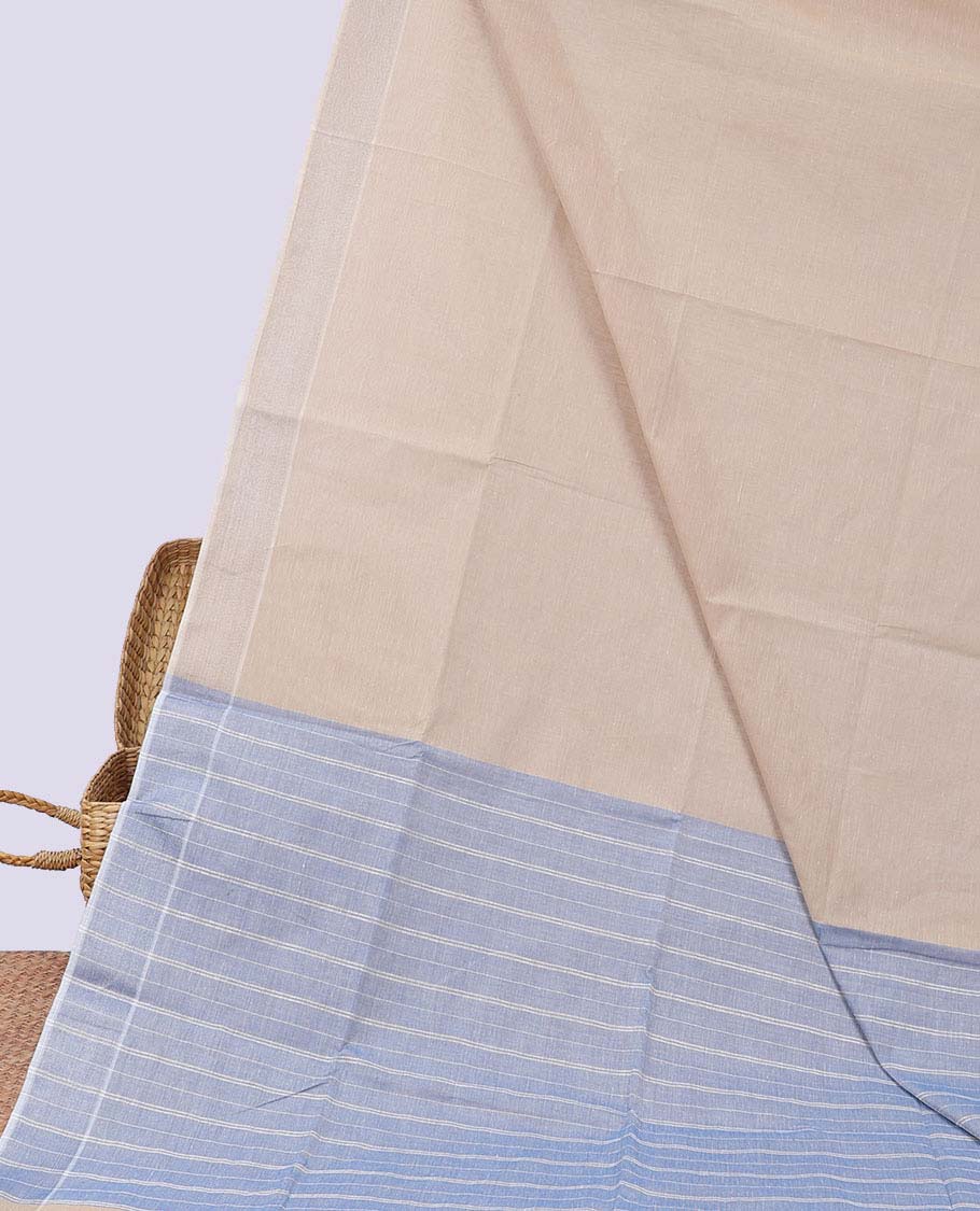 Elegant Beige Plain Jute Cotton Saree with Plain Border & Contrast Striped Pallu - Perfect for Weddings, Festivals & Cultural Events