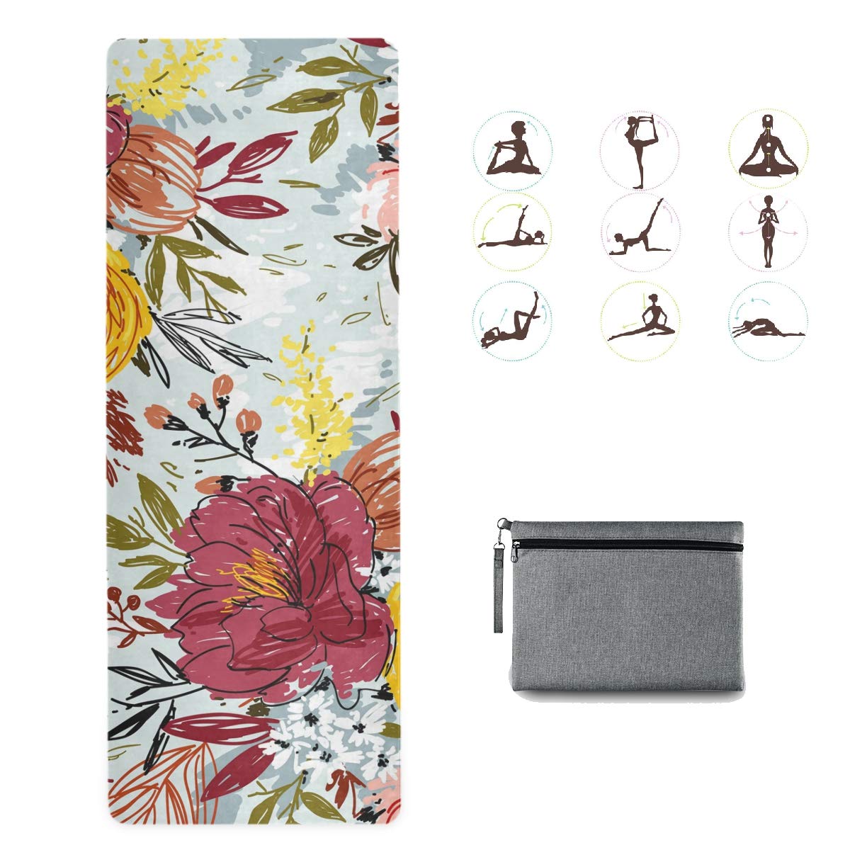 Non-Slip Floral Yoga Mat for Women & Men - Hand Painted Foldable Exercise Mat for Home Gym, Pilates, Travel & Workout - Extra Wide Fitness Equipment for Yoga, Stretching & Meditation