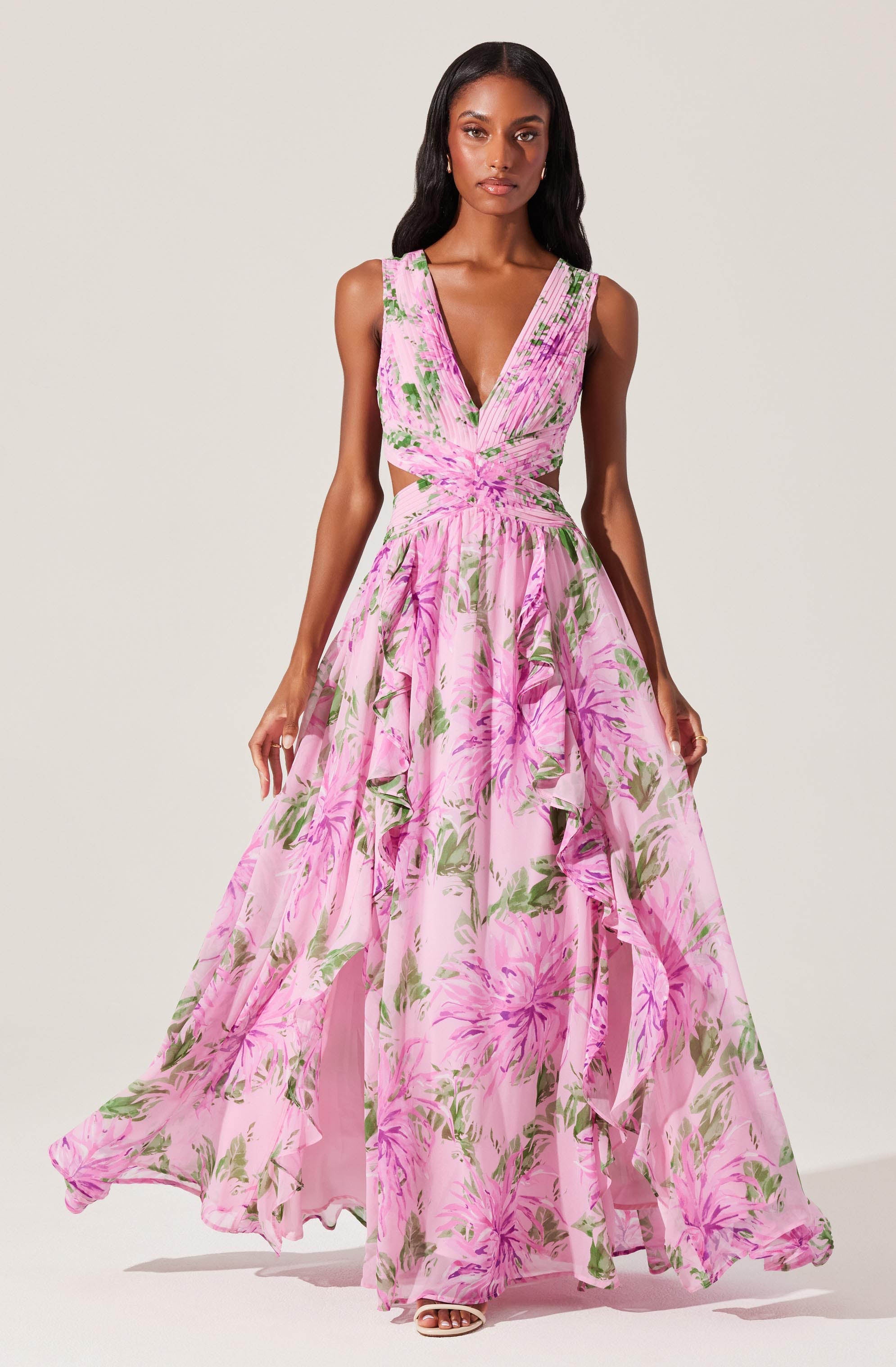 Noya Floral Cutout Maxi Dress for Women - Elegant Summer Beach Dress with Floral Print & Side Slits - Perfect for Vacation, Wedding Guest, and Boho Outfits