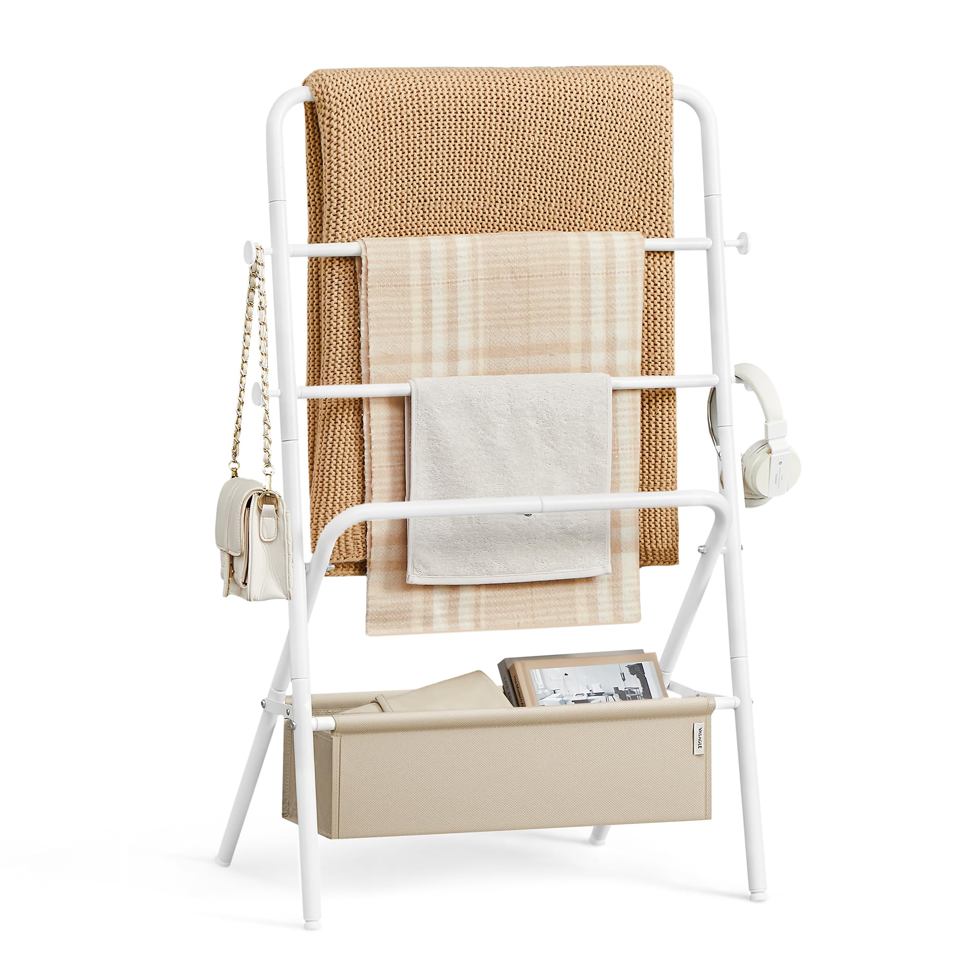 VASAGLE Freestanding Towel Rack with 4 Hooks, Foldable Blanket Holder & Fabric Basket, 39 Inch Height, Pearl White & Camel Brown - Perfect for Bedroom, Living Room & Bathroom Organization | Space-Saving Storage Solution for Towels, Blankets & Clothes