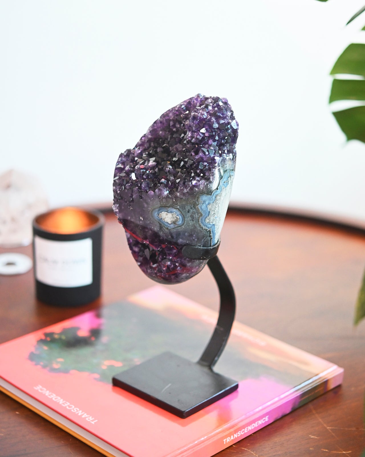 Natural Banded Amethyst Crystal Geode with Wooden Stand - 4.8 lbs Raw Purple Amethyst Cluster for Home Decor, Meditation & Healing Crystal Collection
