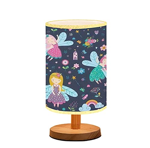 **Minimalist Wooden Bedside Table Lamp with Flaxen Fabric Shade - Fairy Flowers & Rainbow Design for Bedroom, Living Room, or Nursery - Perfect for Breastfeeding, Reading & Cozy Nights**