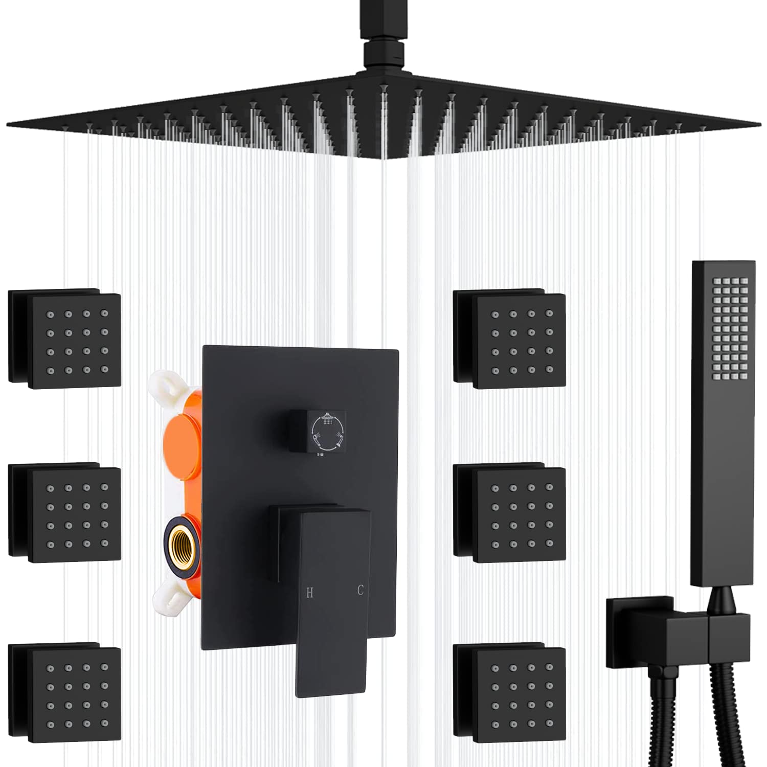 AYIVG 12 Inch Black Ceiling Rainfall Shower System with 6 Body Spray Jets - Modern Bathroom Mixer Shower Set for Luxurious Spa Experience at Home | Perfect for Master Bathroom Renovation & Relaxing Shower Sessions