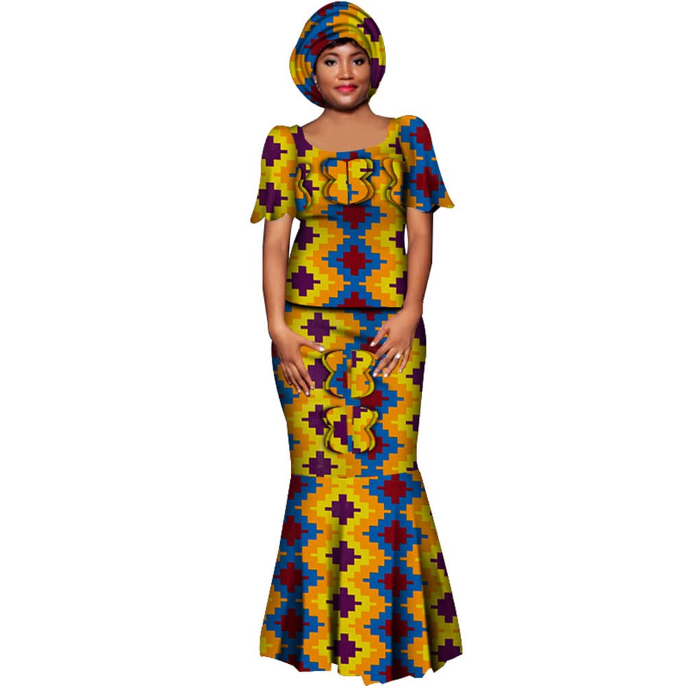 African Print 2-Piece Dress Set for Women - Vintage Skirt & Top with Matching Headwrap - Casual Outfit for Parties, Weddings & Cultural Events