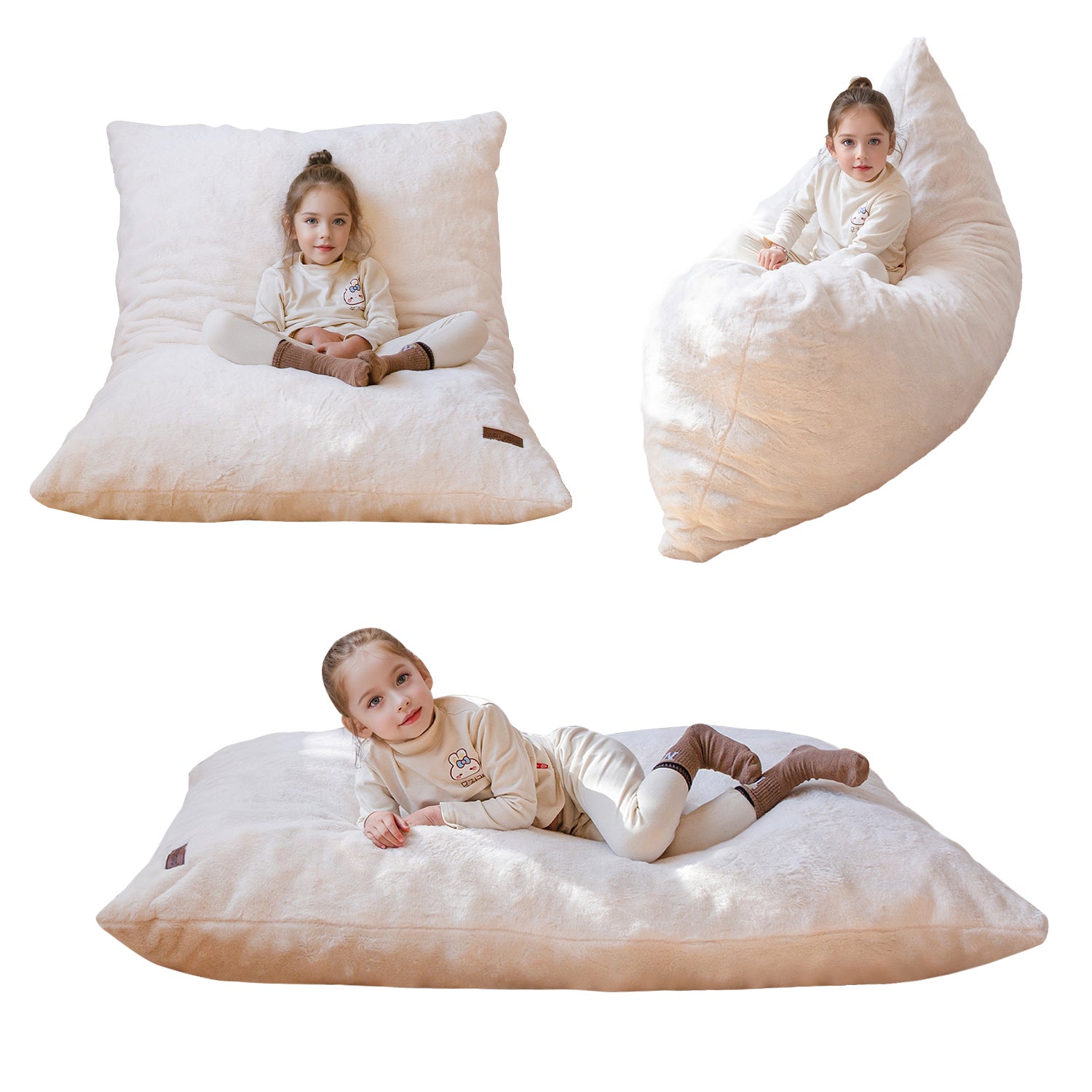 MAXYOYO 3-in-1 Kids Bean Bag Chair Bed - Soft Faux Fur Floor Sofa for Children, Gaming, Reading & Nap Time - Cozy Beige Lounge Chair for Bedroom, Playroom & Dorm Room