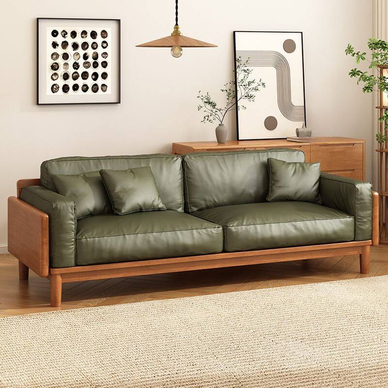 Minimalist Lime Green Scratch-Resistant Sofa & Loveseat with Wood Square Arms, Wide Pillow Back & 3 Throw Pillows - 3/4/5 Seater for Living Room, Lounge & Home Office