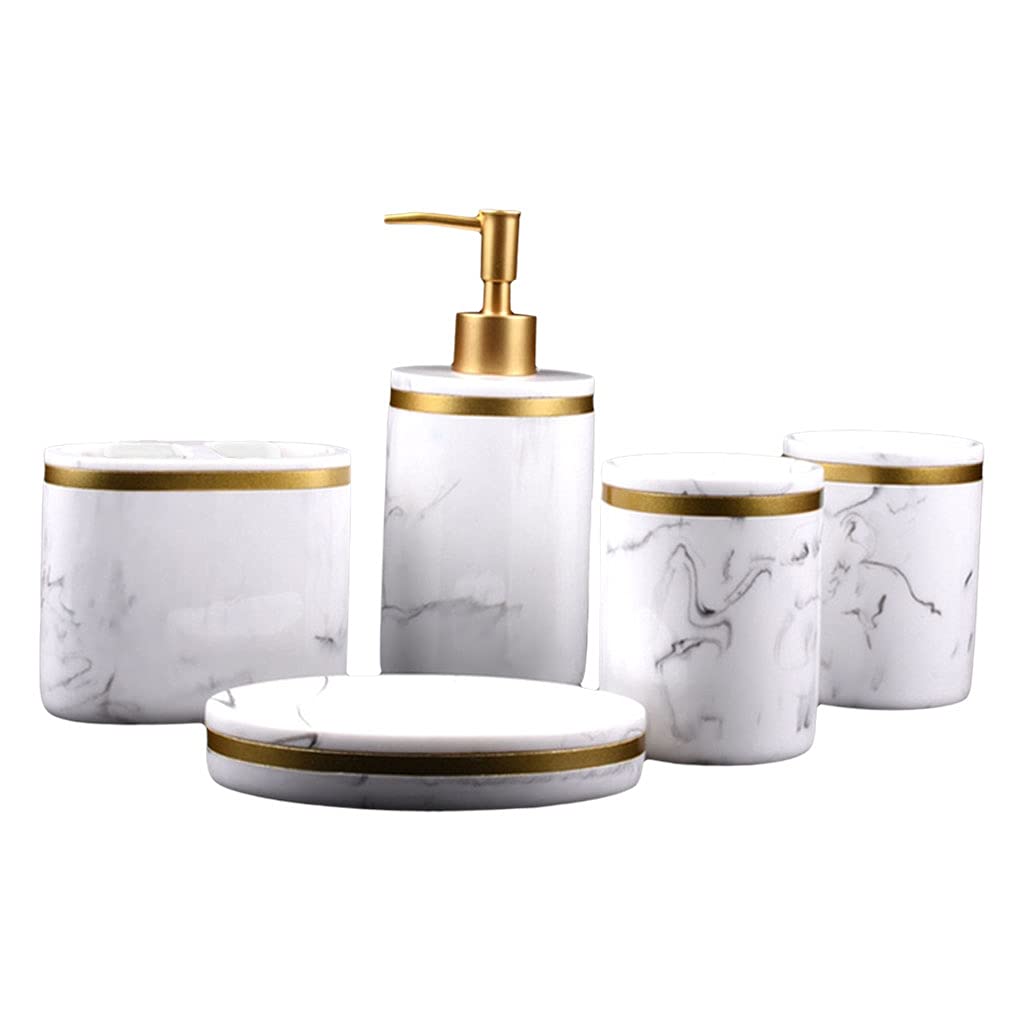 FAKEME Marble Look Bathroom Accessories Set - 5-Piece Toothbrush Holder & Lotion Dispenser, Easy to Clean White Bathroom Organizer for Countertop, Sink & Vanity Decor